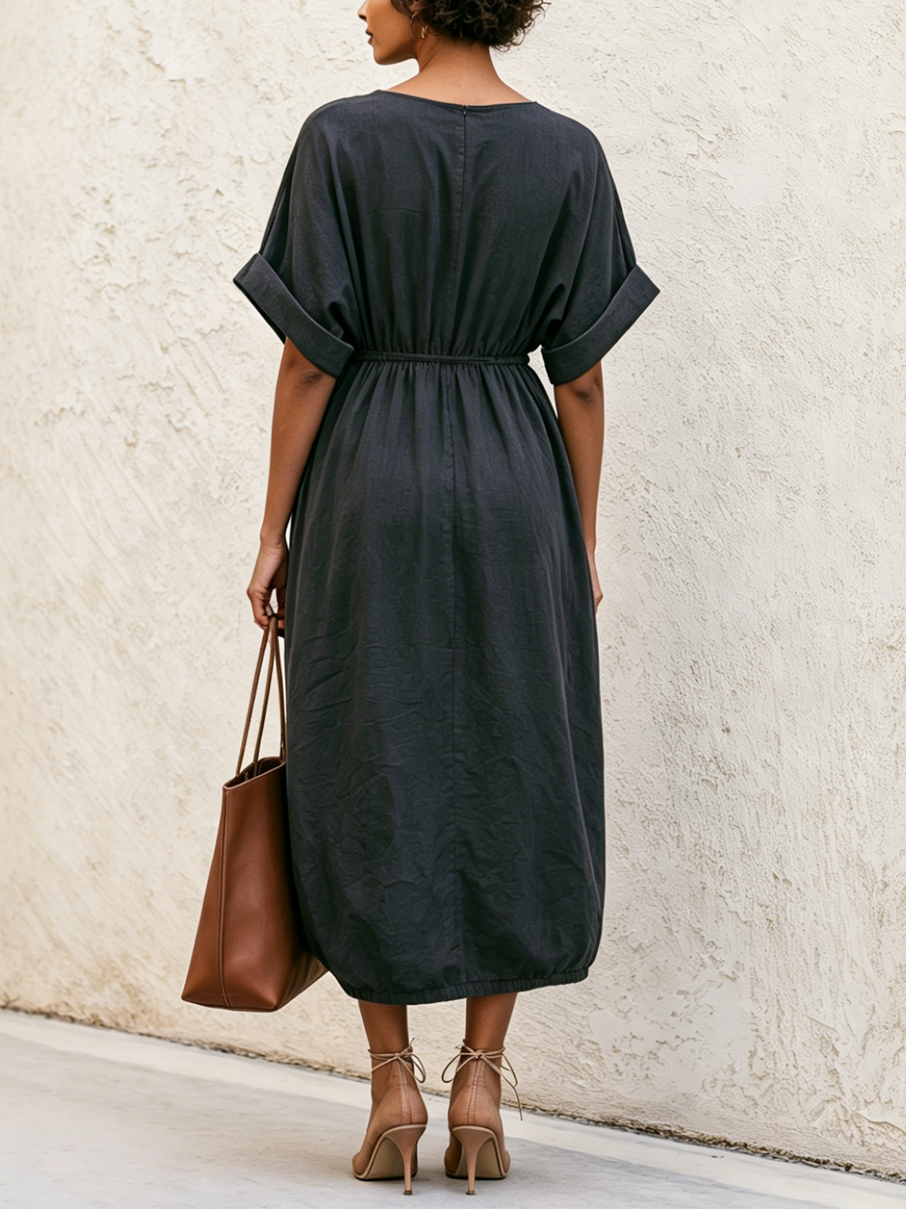 Oversized Linen Midi Bubble Dress With Pockets & Waist Tie