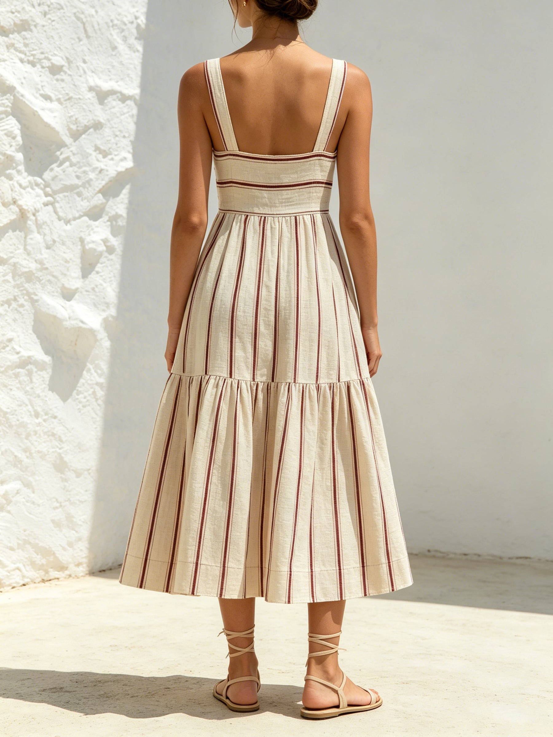 Sunset Stripe Midi Dress – Beige Linen Blend Spaghetti Strap Tiered Summer Dress