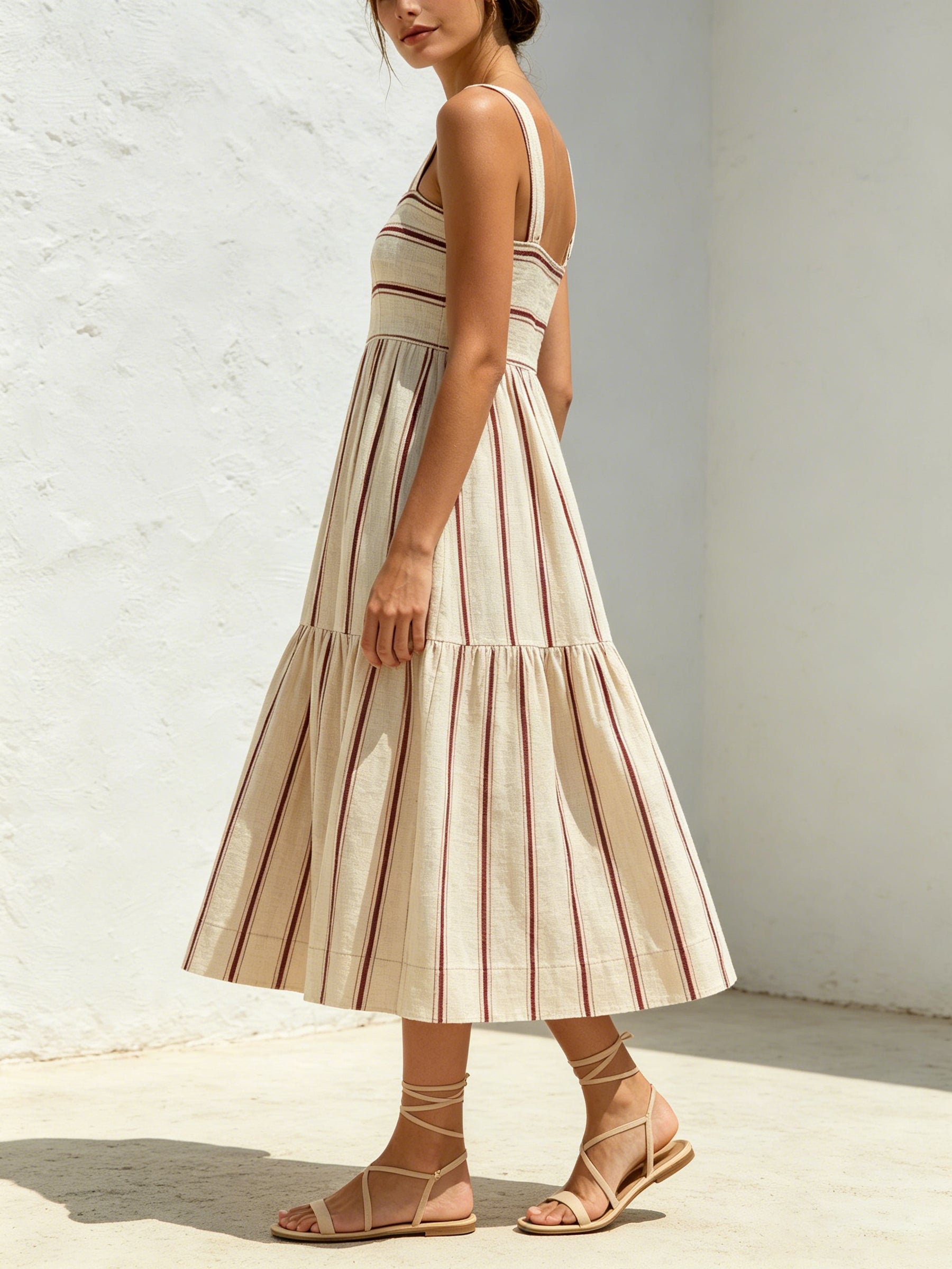 Sunset Stripe Midi Dress – Beige Linen Blend Spaghetti Strap Tiered Summer Dress