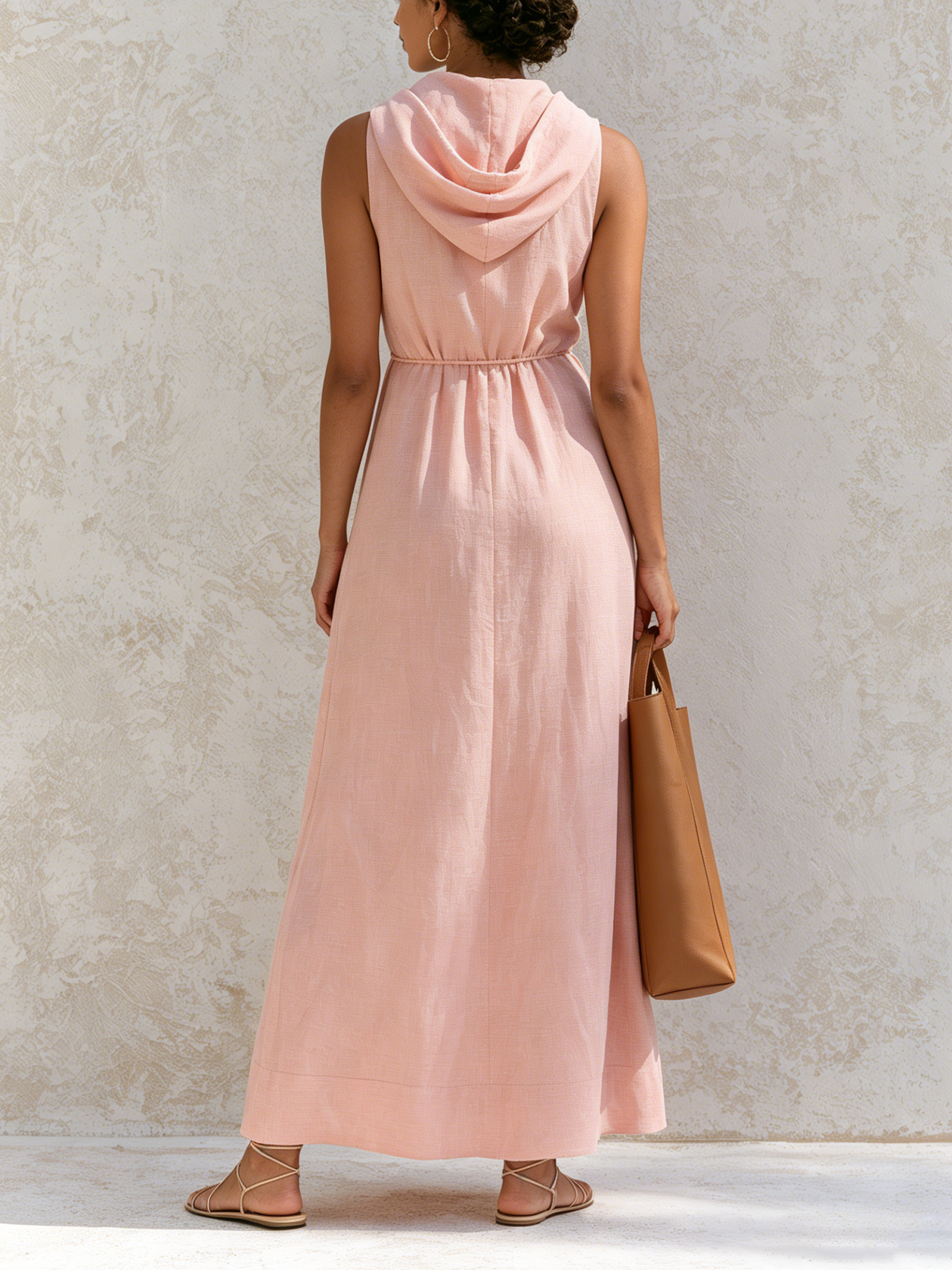Sleeveless Hooded Linen Maxi Dress, Deep V Drawstring Waist Relaxed Flowy Vacation Dress