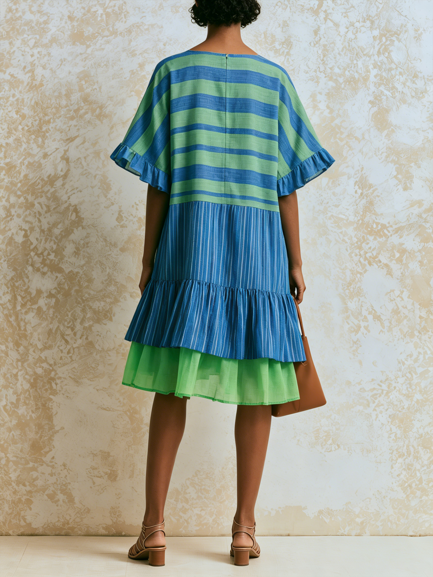 Color Block Striped Ruffle Mini Dress,