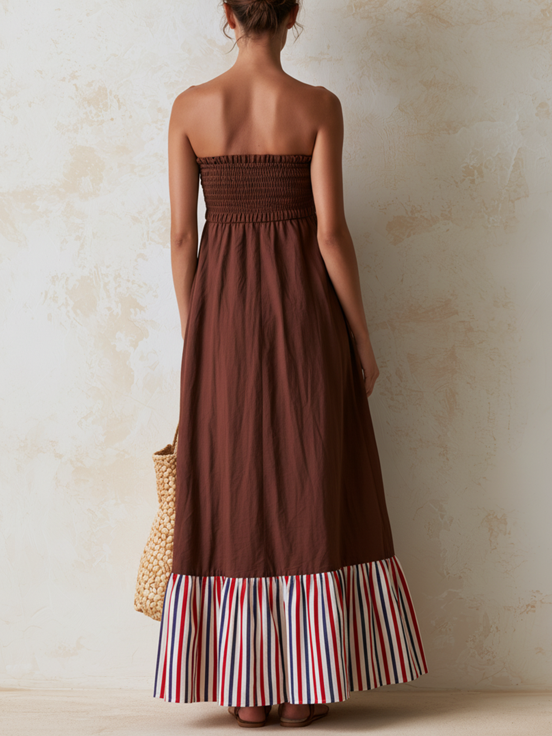 Brown Strapless Color Block Ruffle Maxi Dress