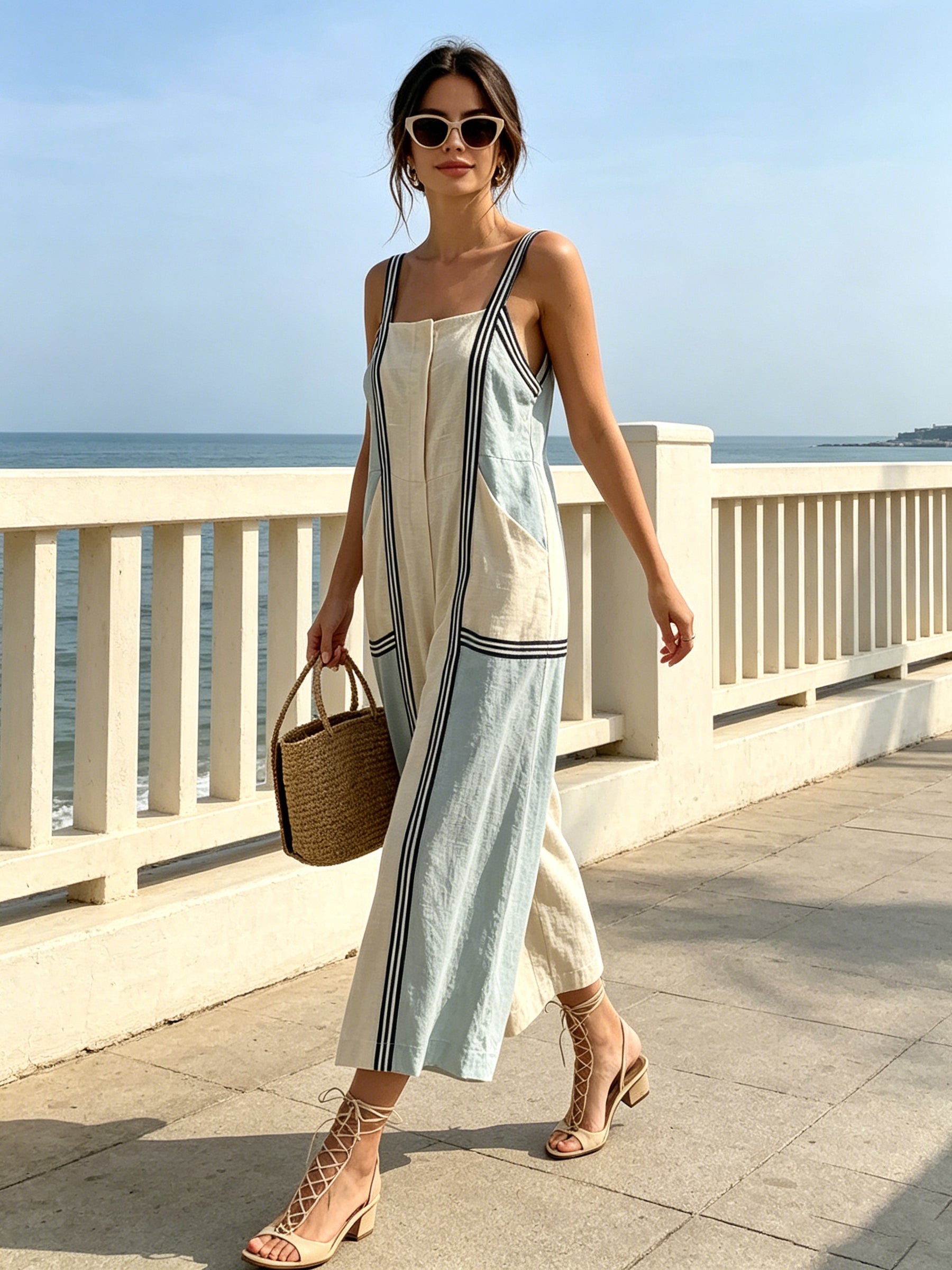 Colorblock Wide-Leg Jumpsuit With Contrast Straps – Minimal Chic Summer Romper
