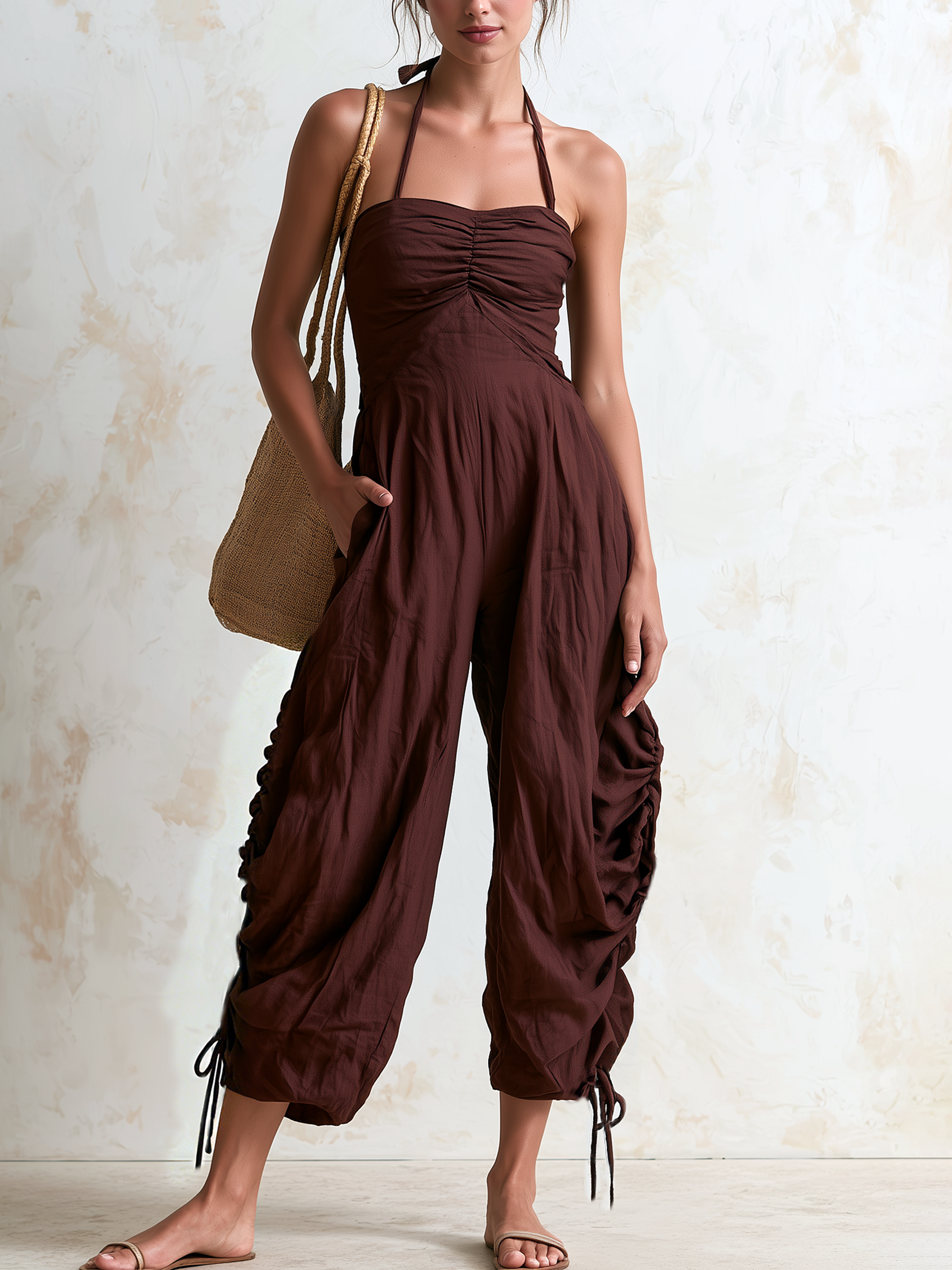Dark Brown Halter Ruched Wide-Leg Jumpsuit