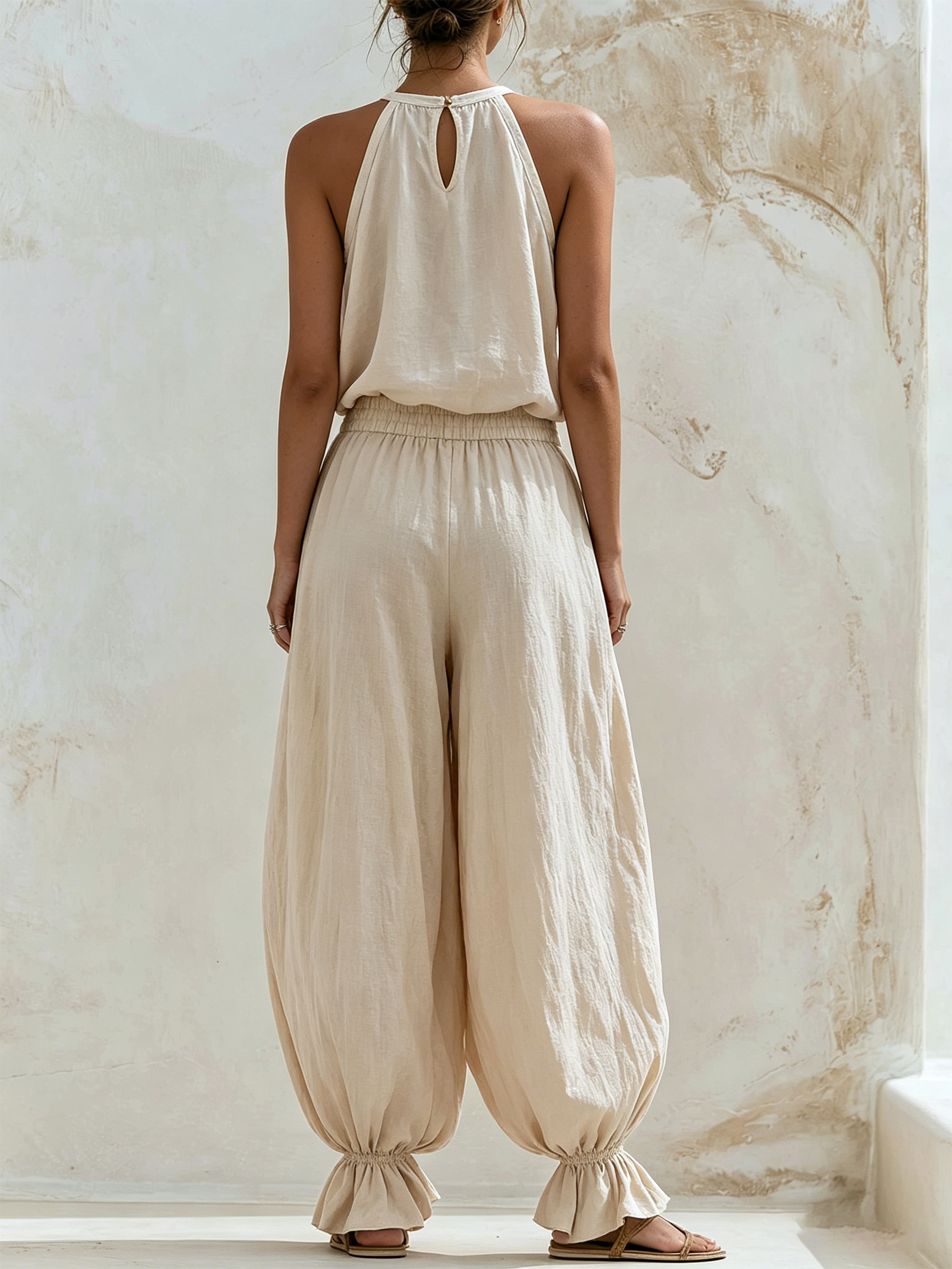 Cream Halter Two-Piece Linen Set