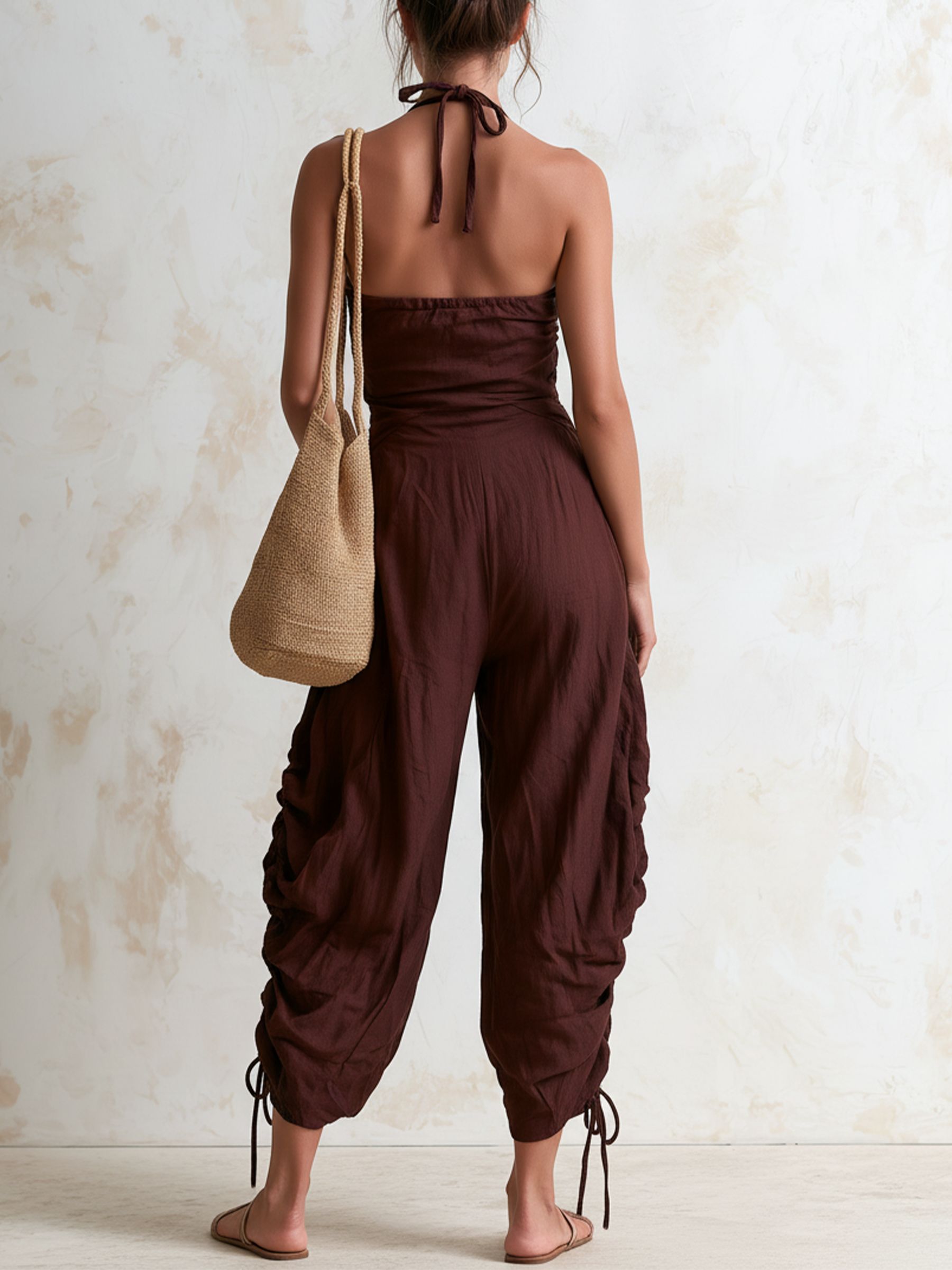 Dark Brown Halter Ruched Wide-Leg Jumpsuit