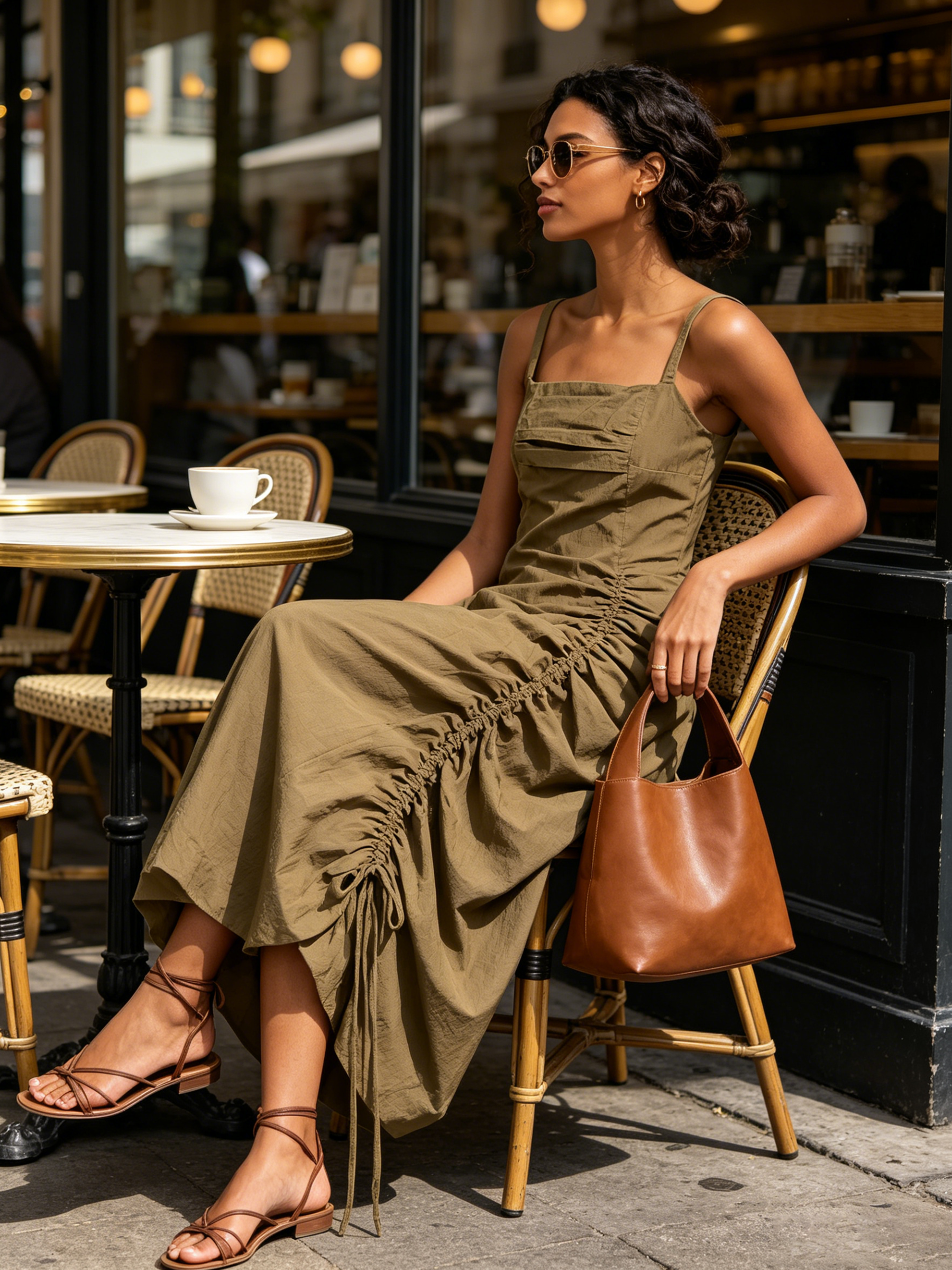 Olive Square Neck Spaghetti Strap Midi Dress,