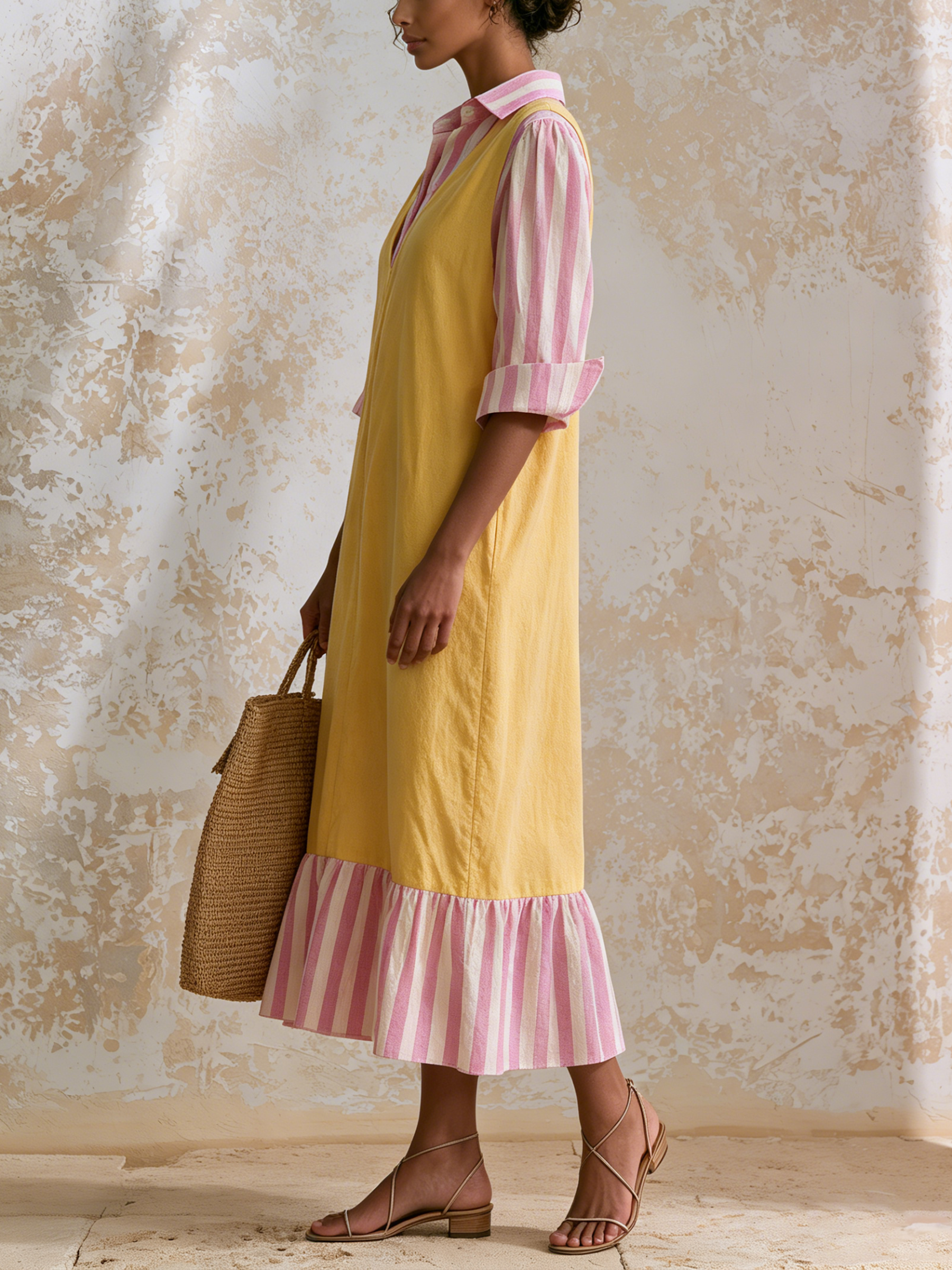 Two-Tone Layer Look Midi Dress, Yellow V-Neck Vest Dress With Pink Striped Shirt Sleeves