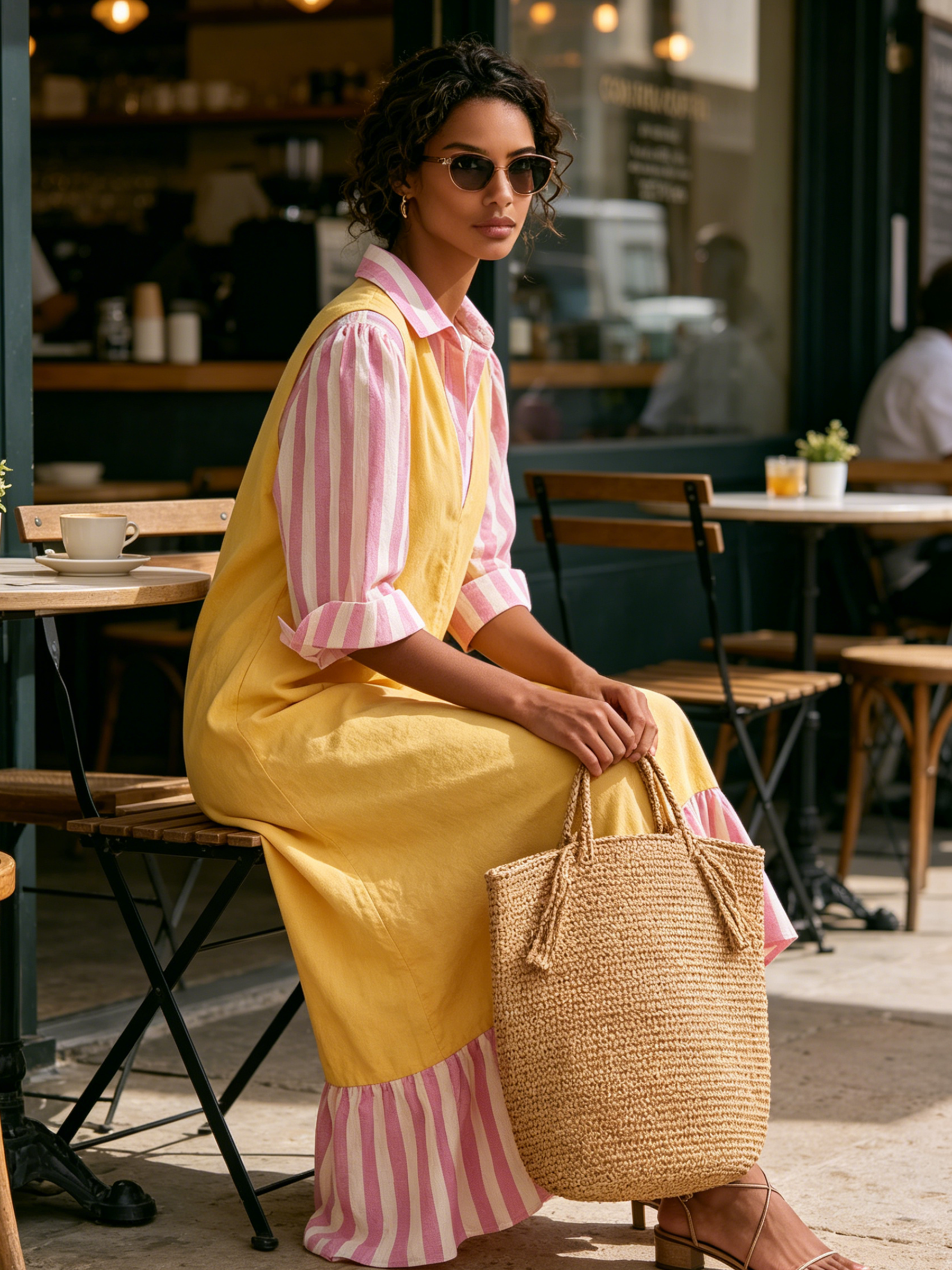 Two-Tone Layer Look Midi Dress, Yellow V-Neck Vest Dress With Pink Striped Shirt Sleeves