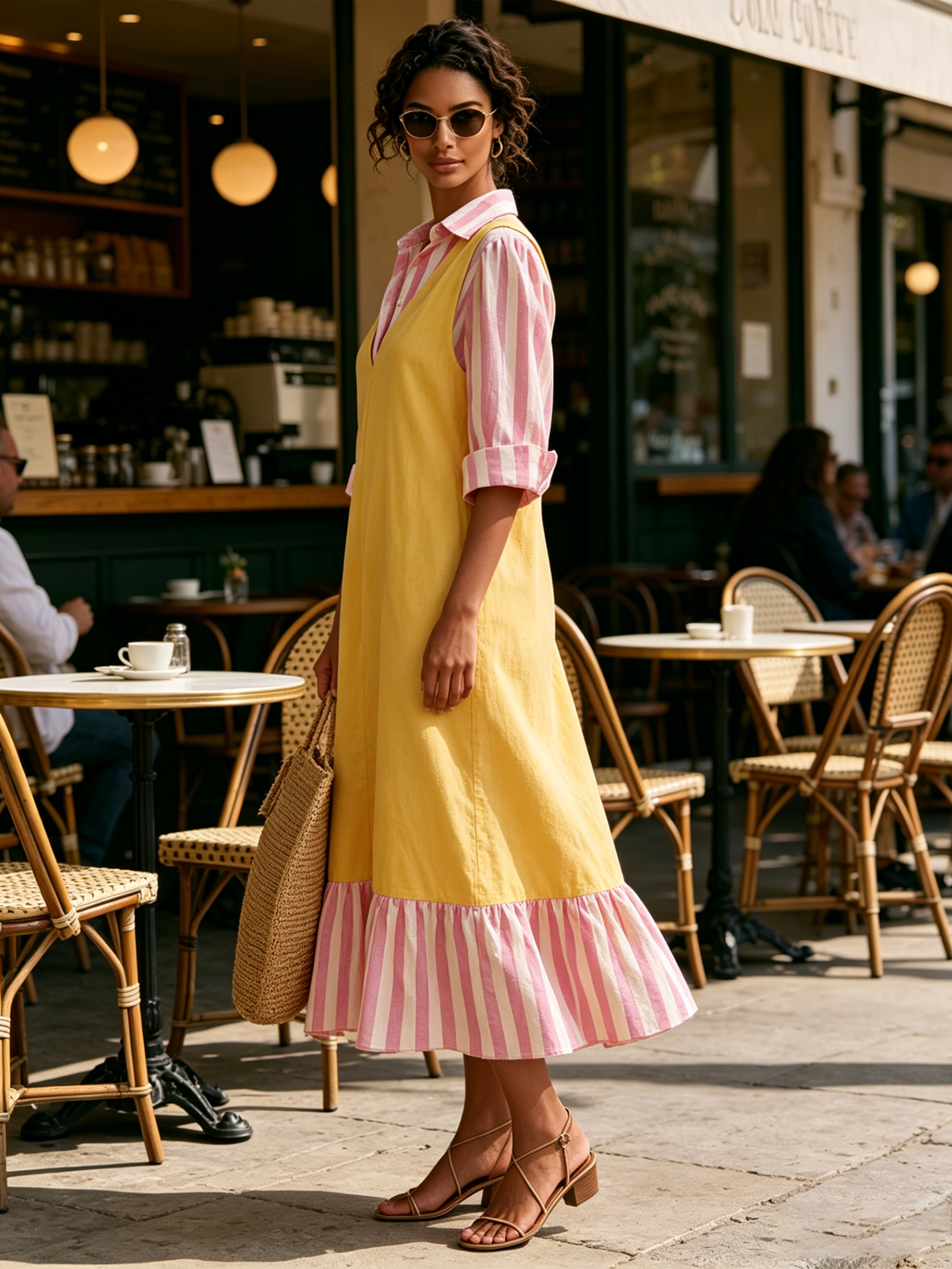 Two-Tone Layer Look Midi Dress, Yellow V-Neck Vest Dress With Pink Striped Shirt Sleeves
