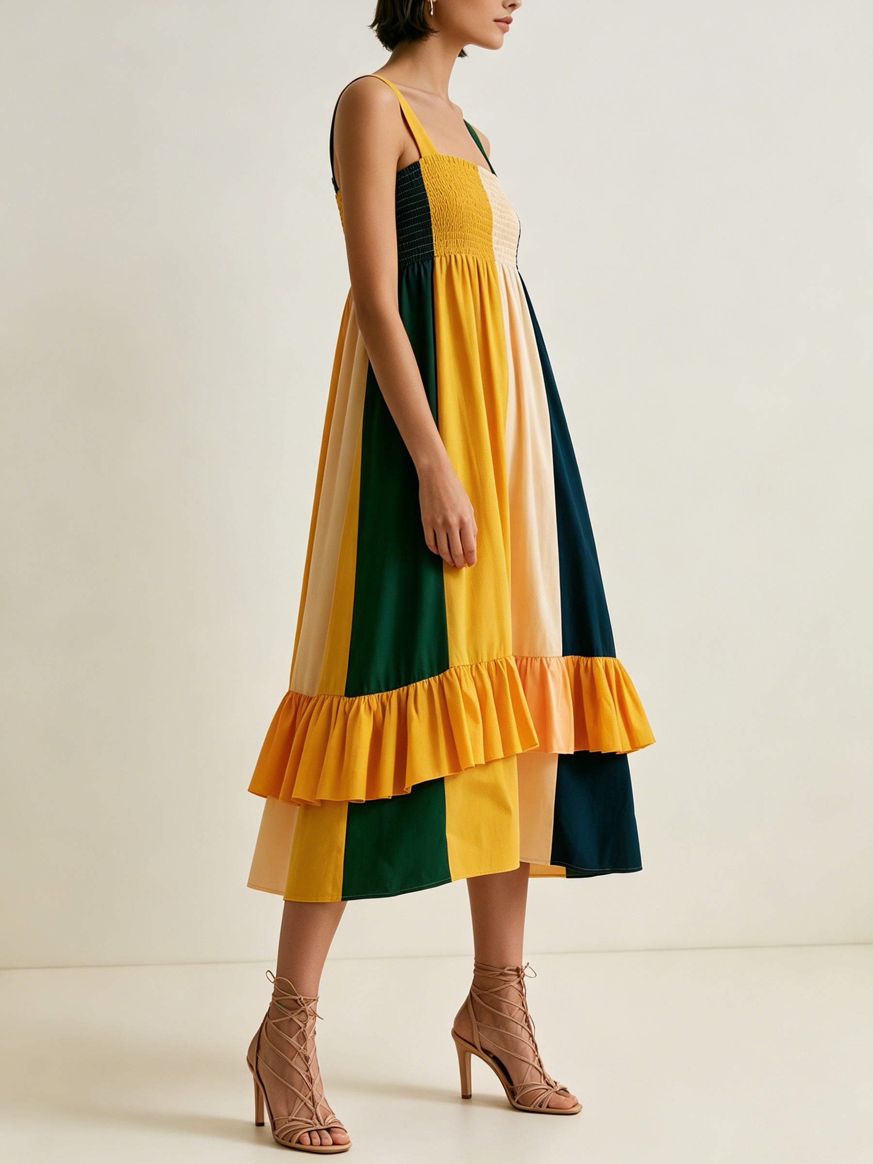 Women's Color Block Smocked Cami Midi Dress, Ruffled Hem Loose Summer Sundress