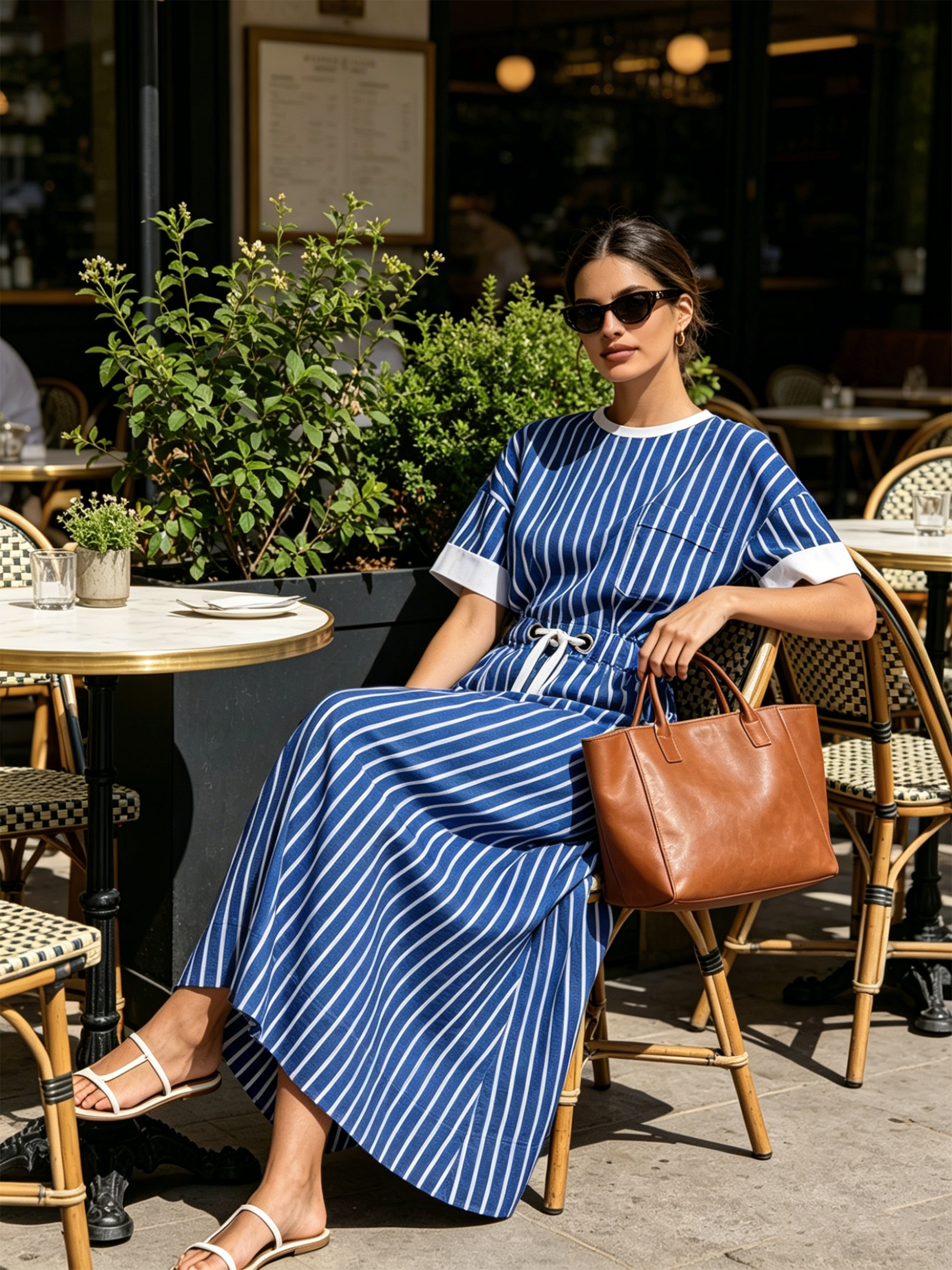 Blue & White Vertical Stripe Drawstring Waist Maxi Dress