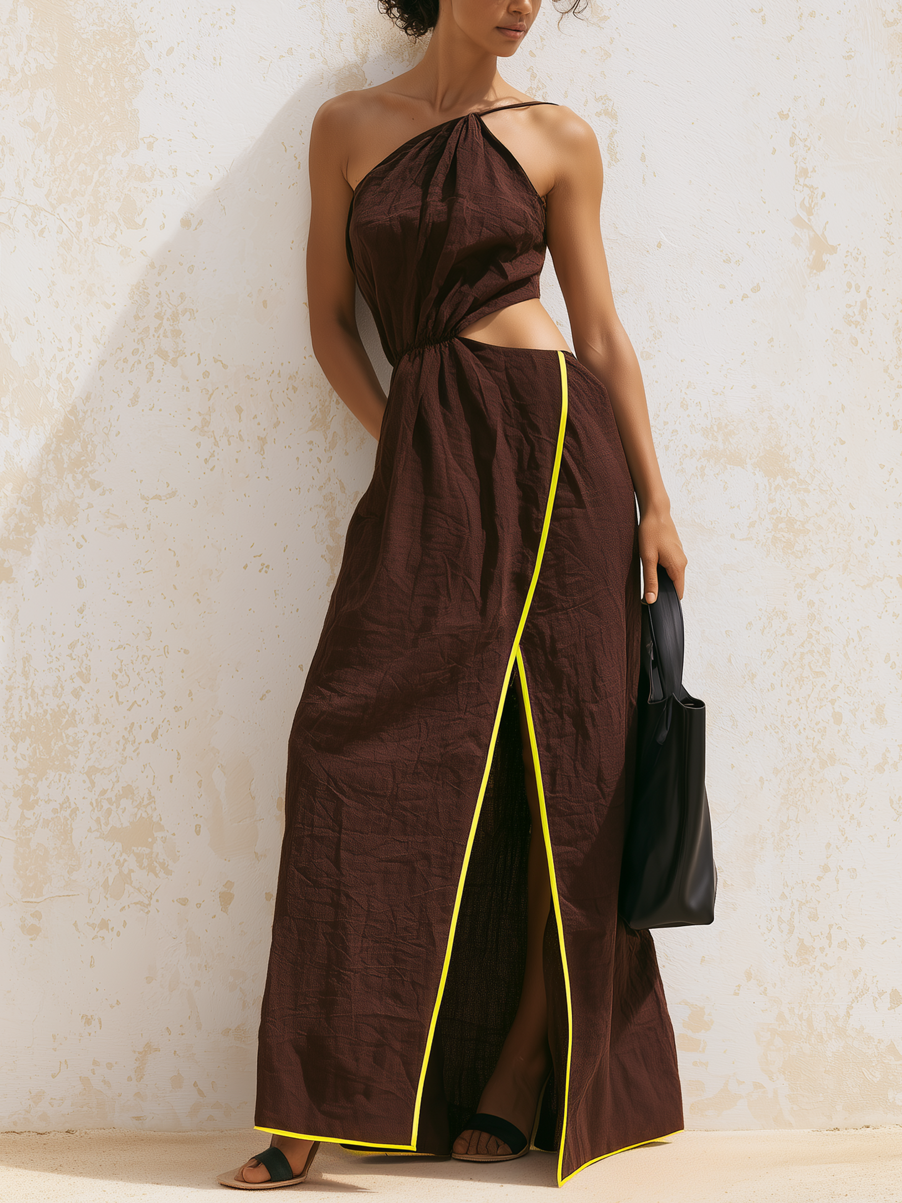 Chocolate Brown One Shoulder Cutout Maxi Dress Neon Yellow Contrast Piping High Front Slit