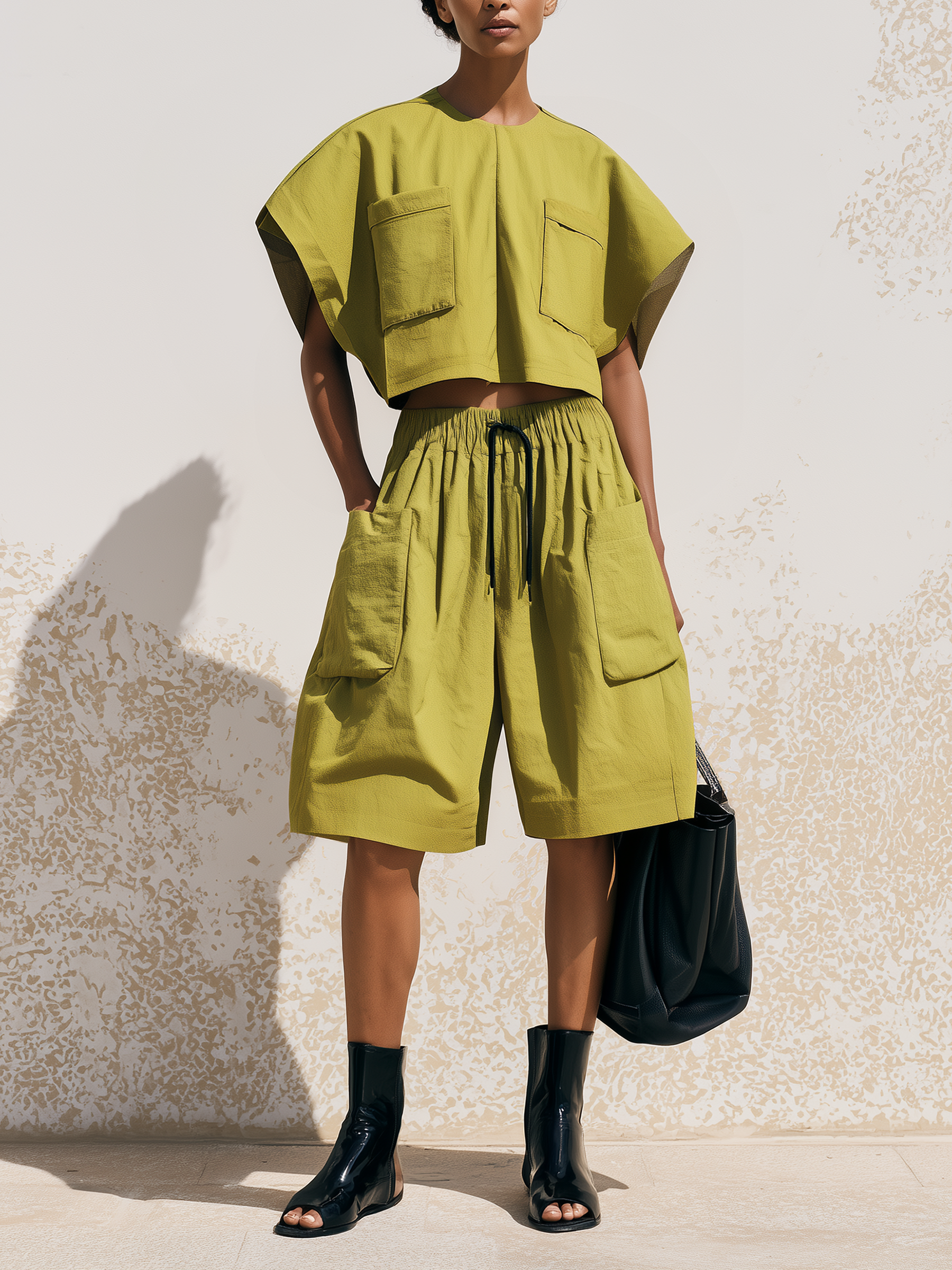 Olive Green Cargo Two-Piece Set Cropped Batwing Top & Elastic Waist Wide Culotte Shorts