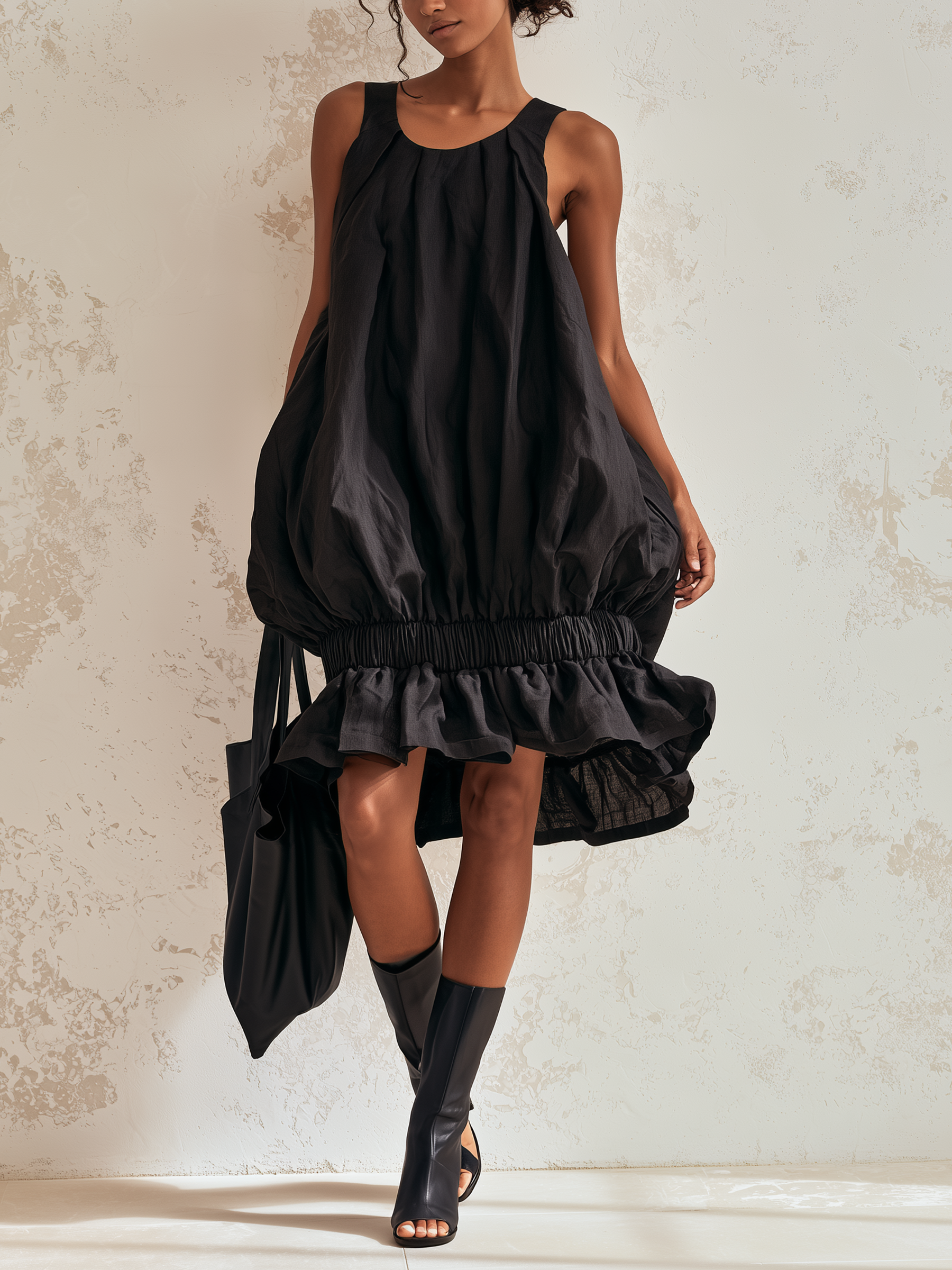 Black Sleeveless Bubble Midi Dress Gathered Elastic Waist Ruffle Hem Loose Tent Dress