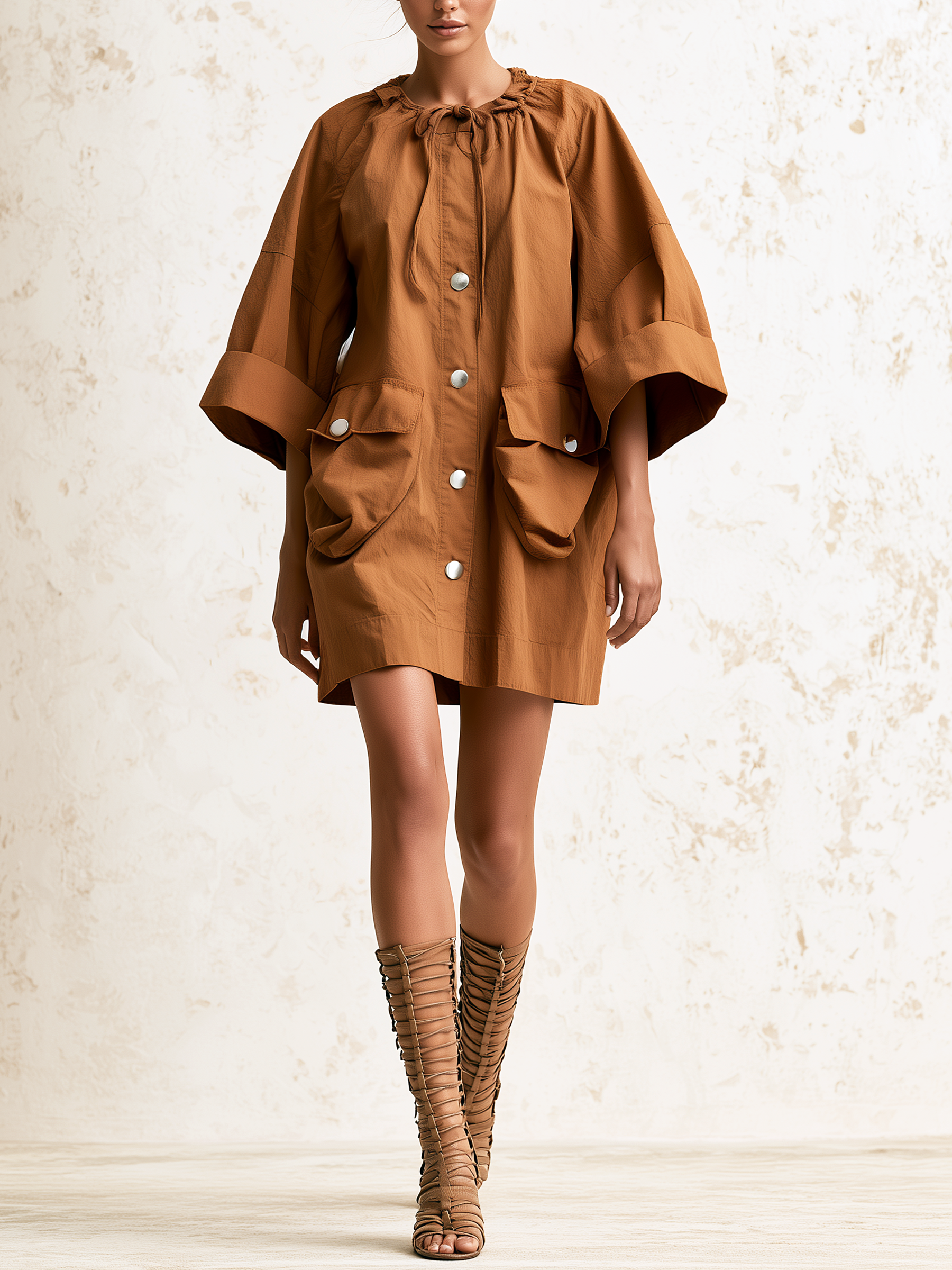 Rust Gathered Neck Utility Shirt Mini Dress
