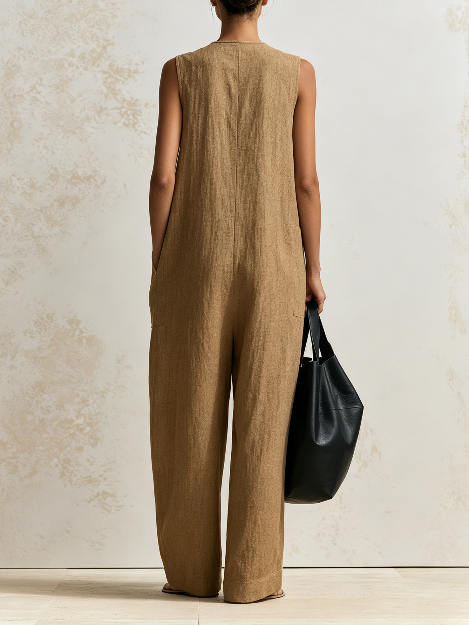 Neutral Khaki Sleeveless Linen Wide-Leg Jumpsuit Round Neck Wooden Button Front Oversized Side Pocket Casual Overall