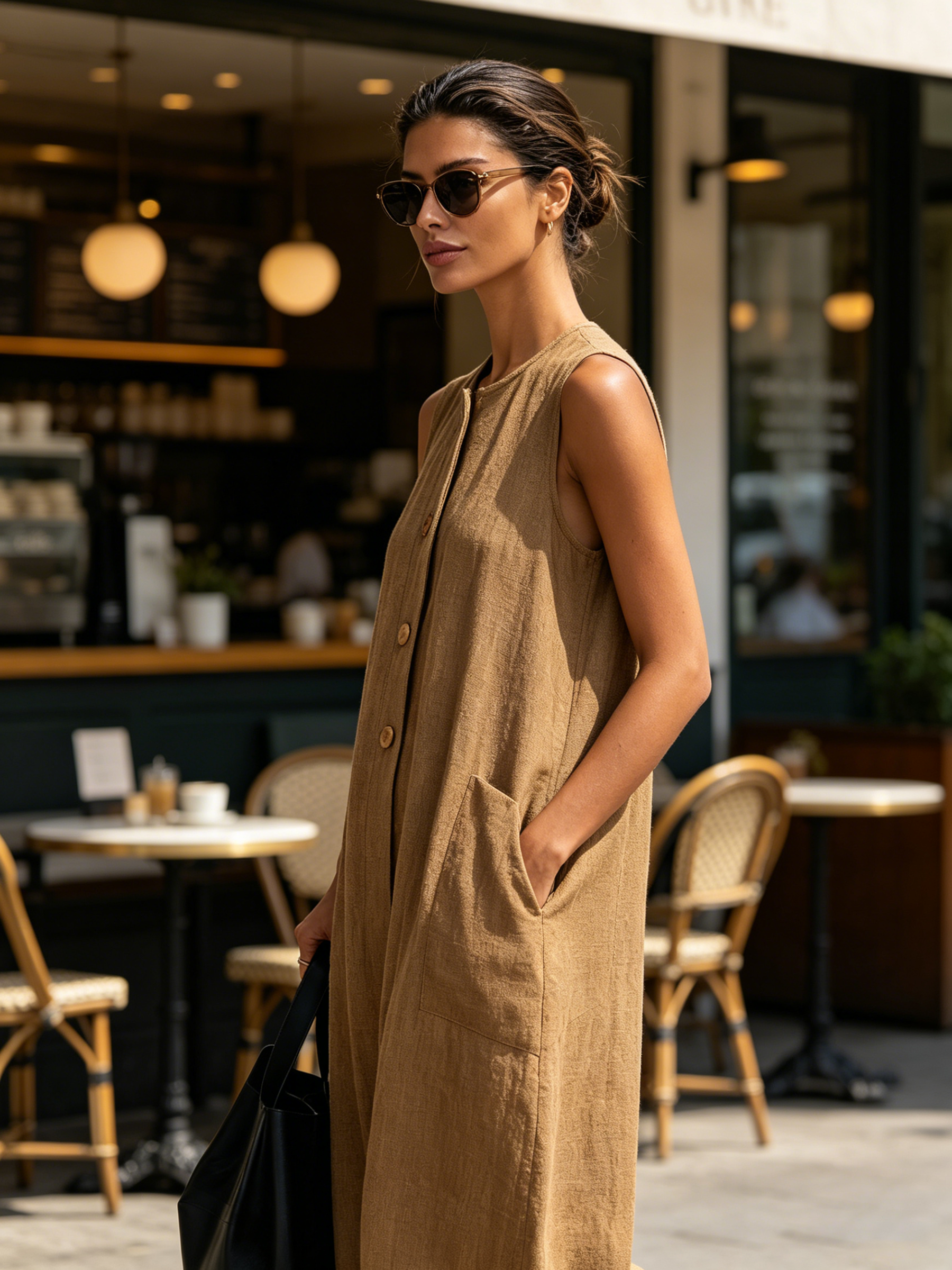 Neutral Khaki Sleeveless Linen Wide-Leg Jumpsuit Round Neck Wooden Button Front Oversized Side Pocket Casual Overall
