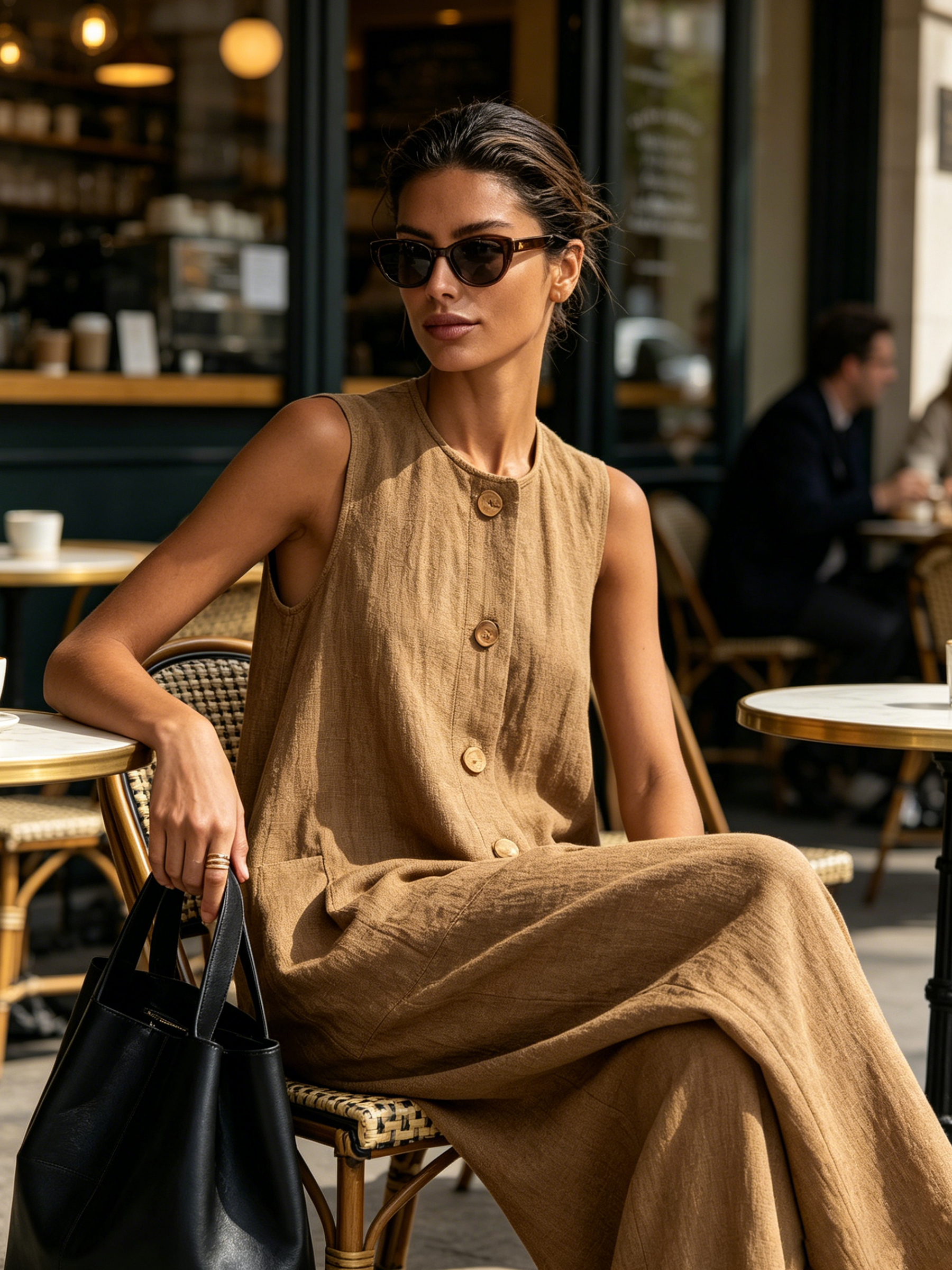 Neutral Khaki Sleeveless Linen Wide-Leg Jumpsuit Round Neck Wooden Button Front Oversized Side Pocket Casual Overall