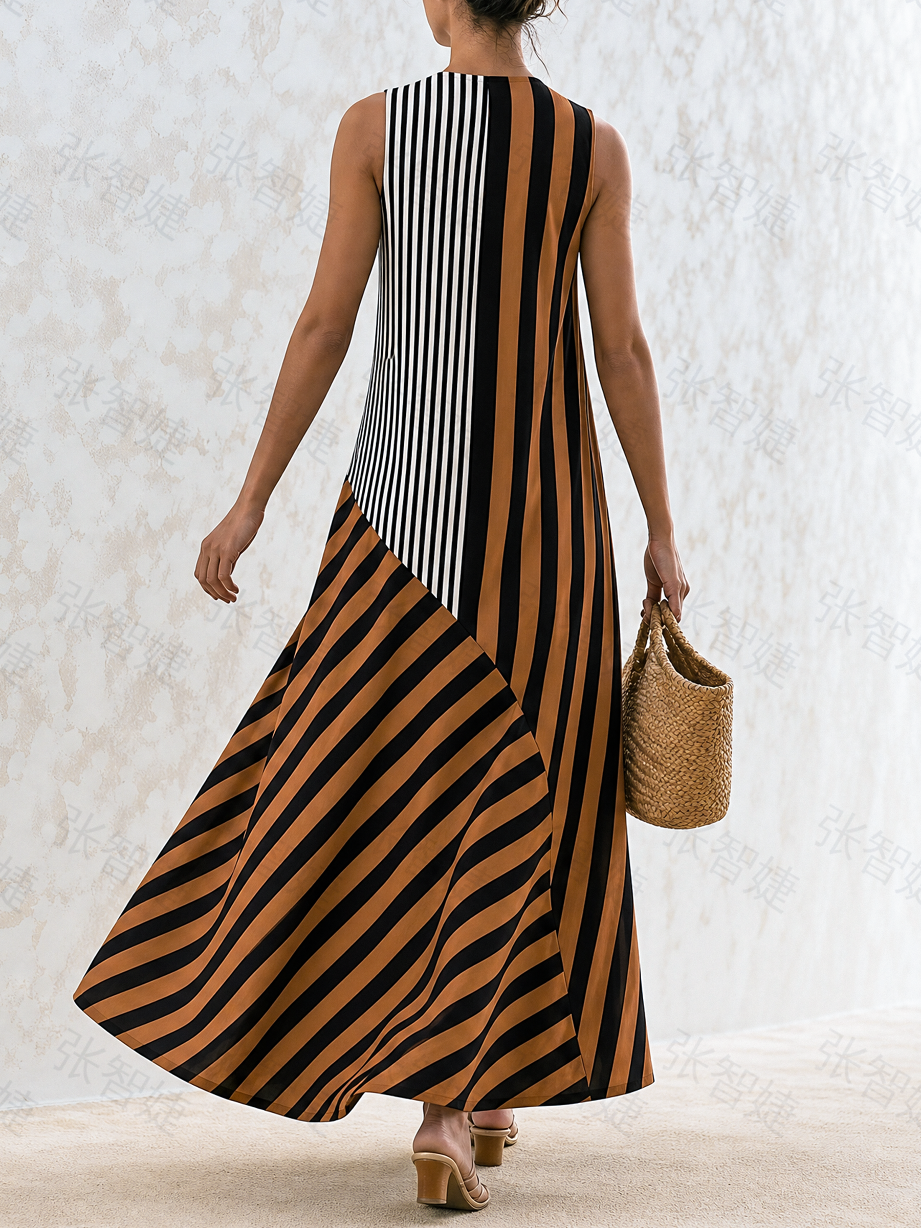 Color Block Striped Sleeveless V-Neck Maxi Dress Asymmetrical Flowy Summer Vacation Dress