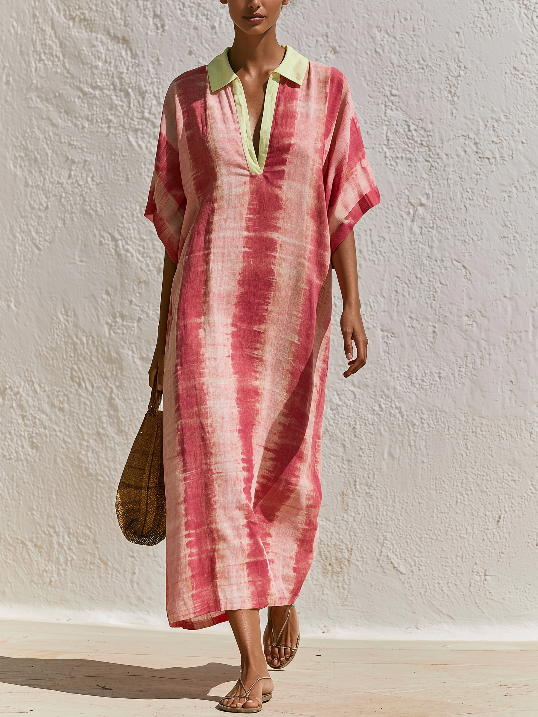 Pink Tie-Dye Contrast Collar Oversized Linen Kaftan Dress