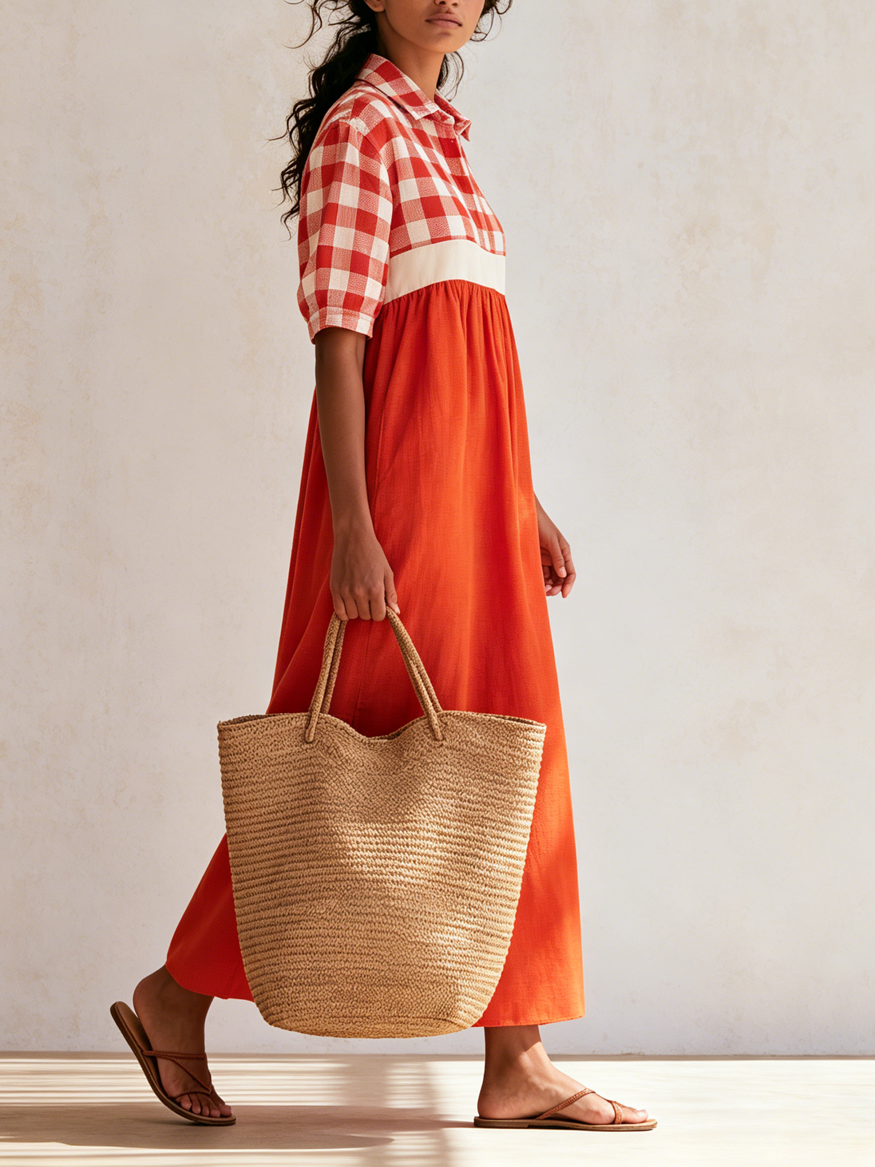 Red White Gingham Patchwork Linen Midi Shirt Dress Collar Half Sleeve Solid Orange Loose Vacation Maxi Dress