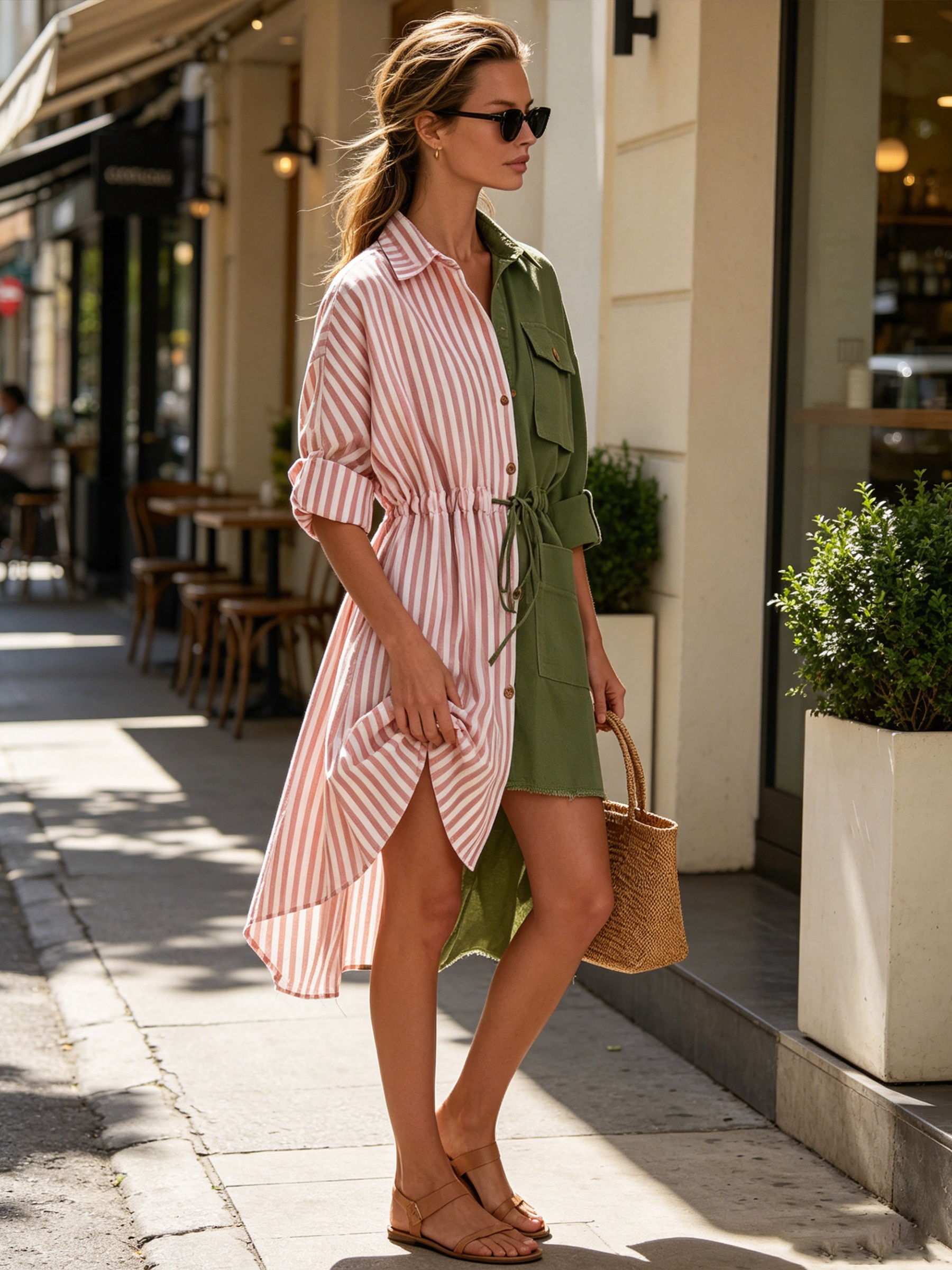 Two-Tone Color Block Shirt Midi Dress, Pink Stripes & Army Green Patchwork Drawstring Waist Oversized Casual Dress