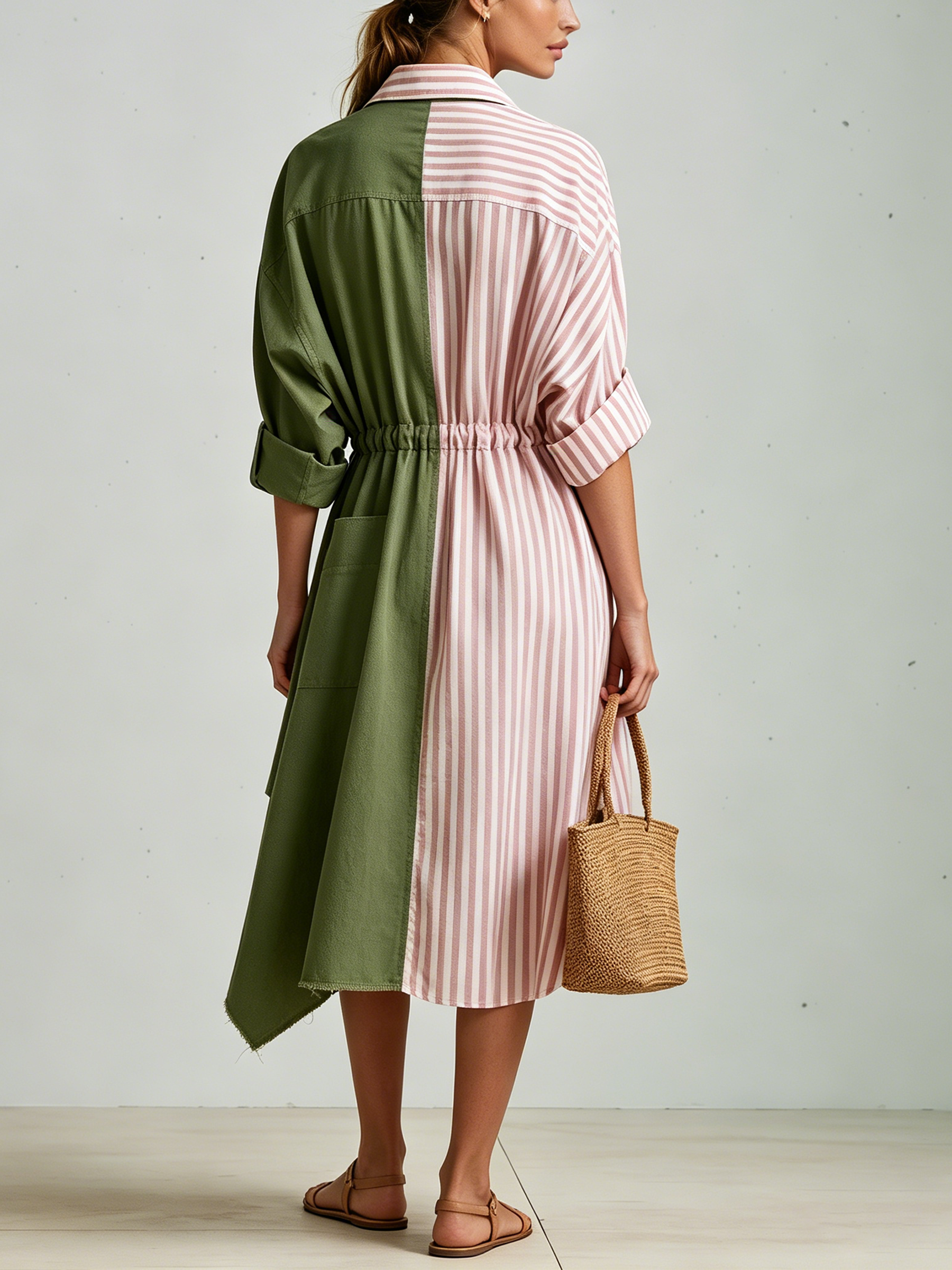 Two-Tone Color Block Shirt Midi Dress, Pink Stripes & Army Green Patchwork Drawstring Waist Oversized Casual Dress