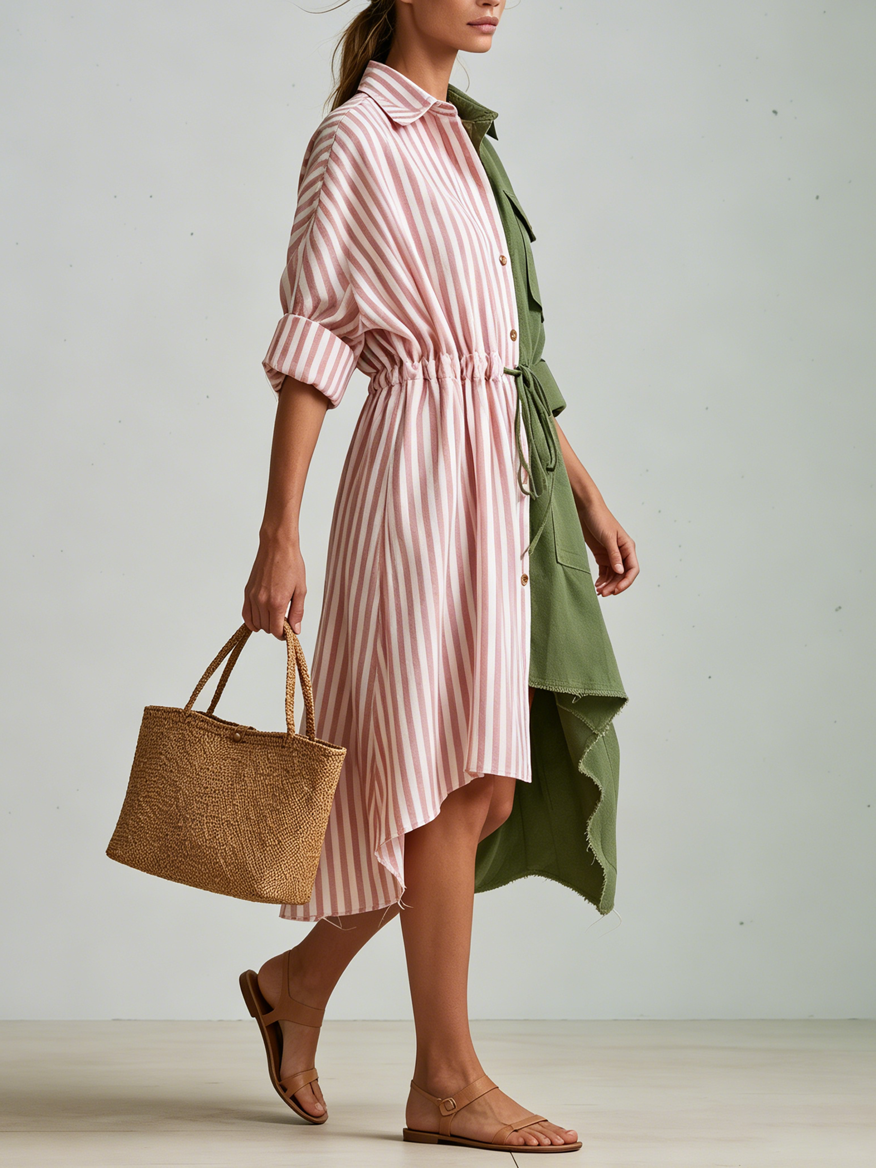 Two-Tone Color Block Shirt Midi Dress, Pink Stripes & Army Green Patchwork Drawstring Waist Oversized Casual Dress