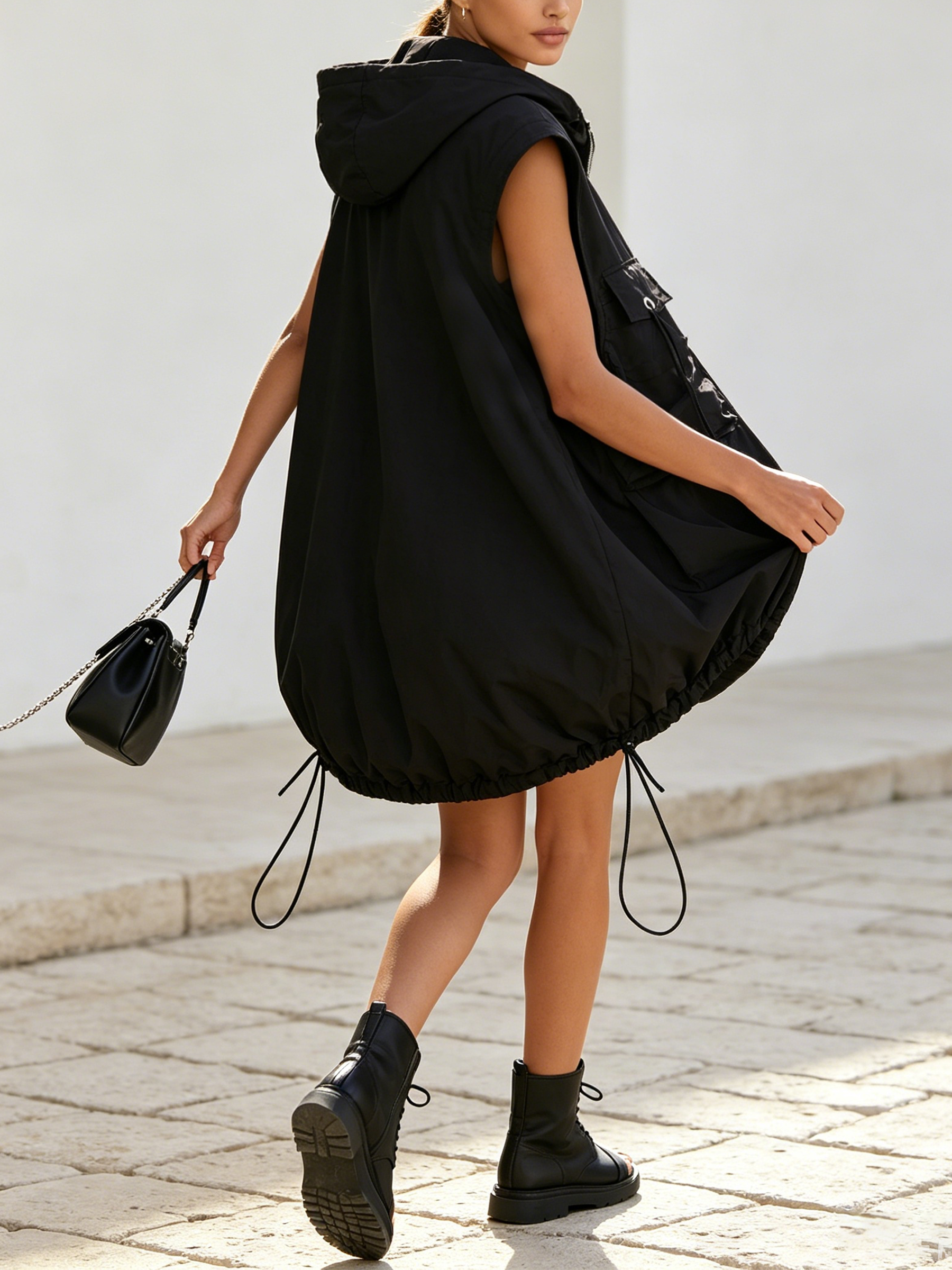 Black Hooded Sleeveless Utility Bubble Hem Mini Dress