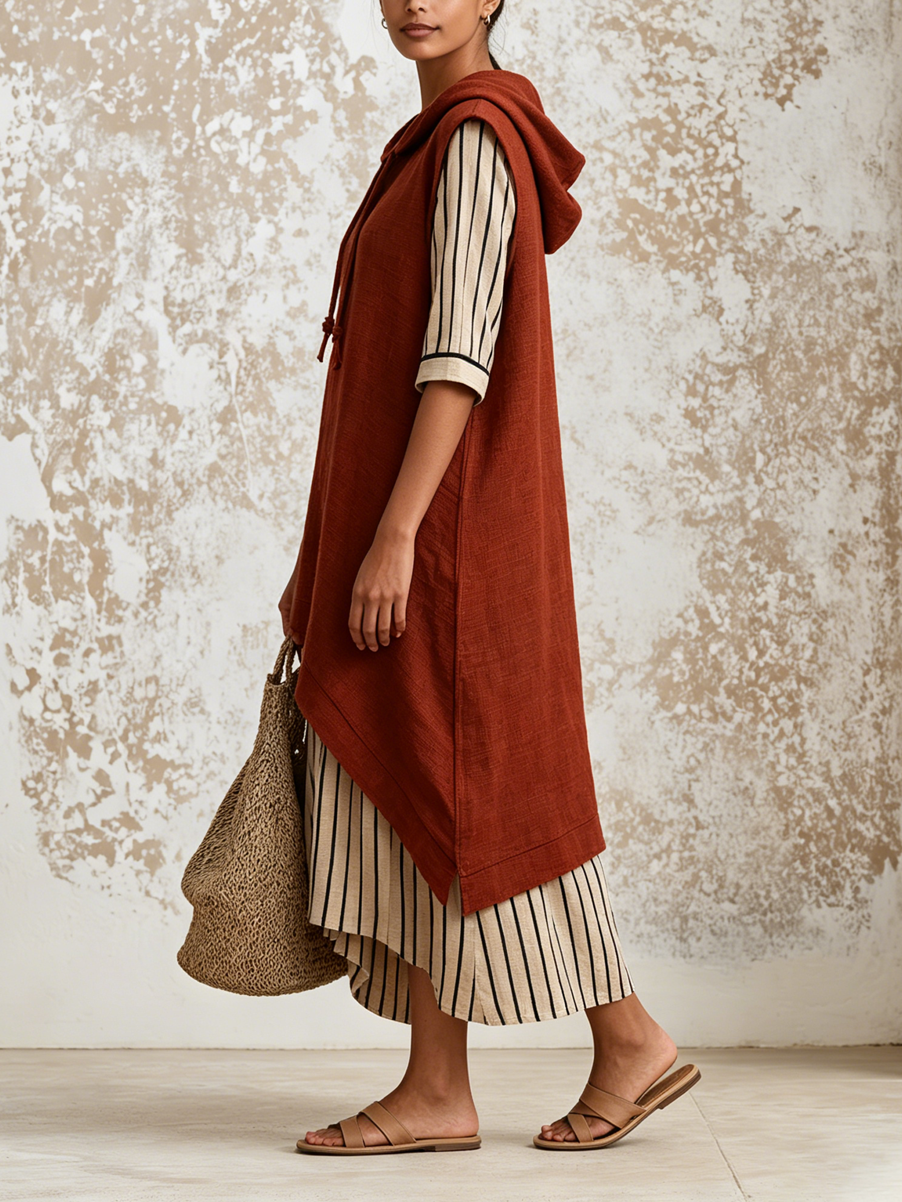 Rust Hooded Sleeveless Linen Midi Dress With Striped Contrast Cuffs & Asymmetrical Spliced Hem