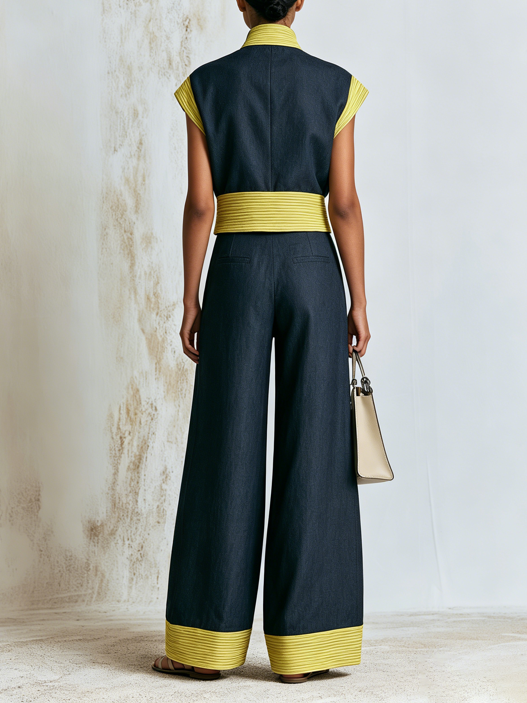 Dark Woven Stand Collar Zip Sleeveless Vest & Wide Leg Pants 2-Piece Set With Yellow Thin Stripe Color Block Trim