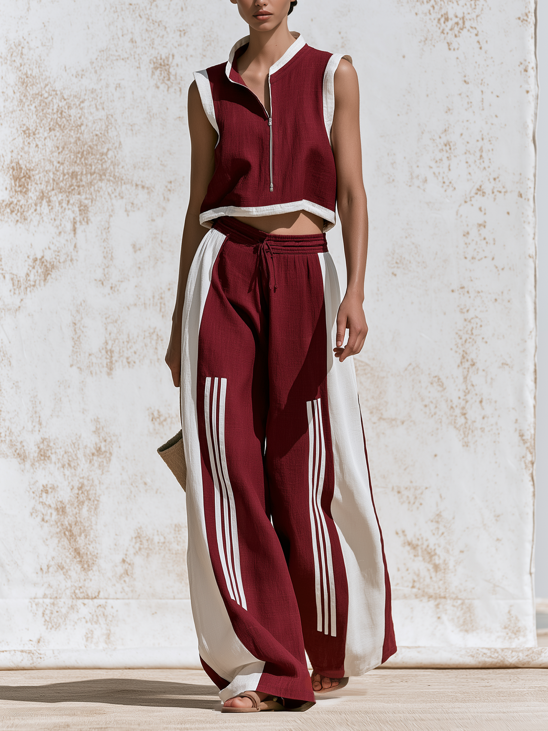 Red & White Cotton-Linen Sleeveless Zip Vest And Wide Leg Pants Set