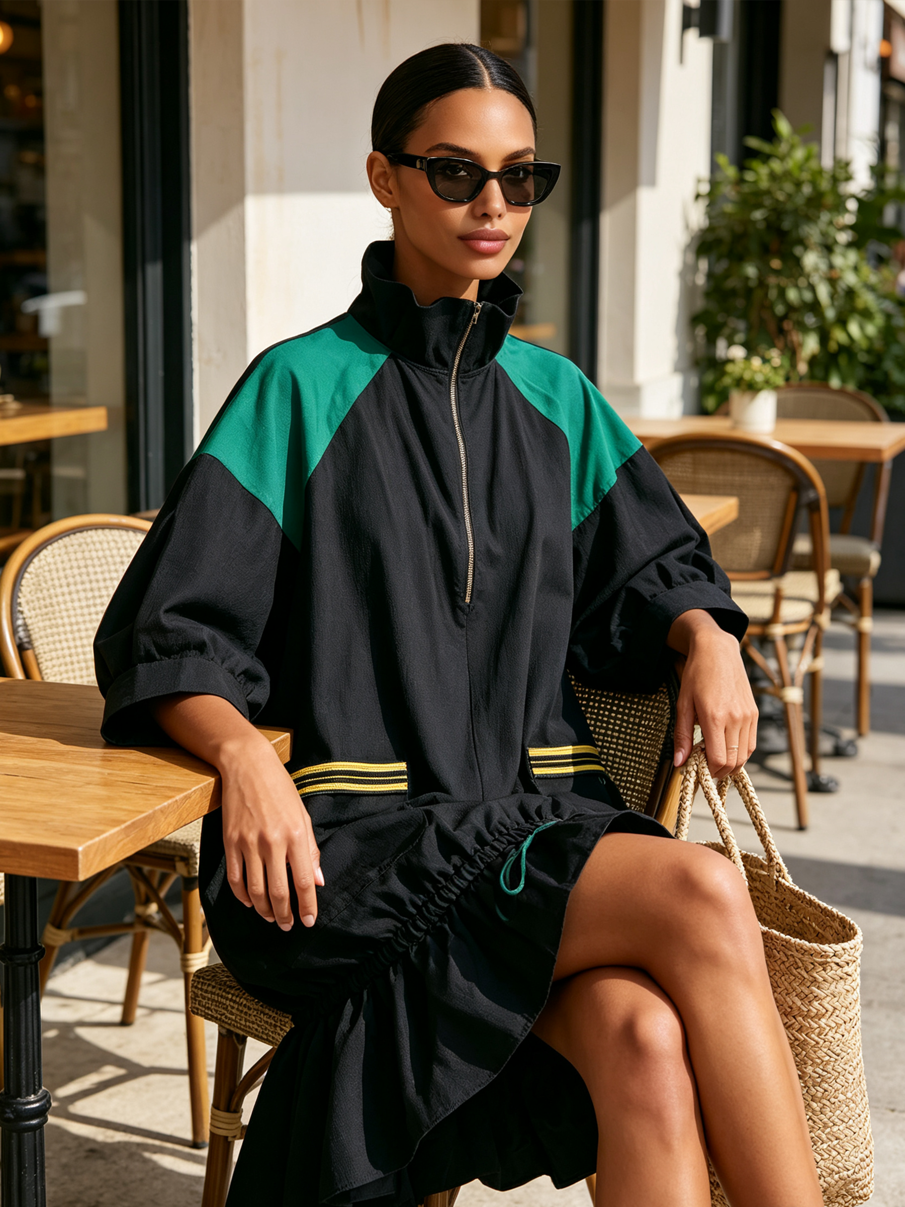 Color Block Half Zip Sport Mini Dress With Drawstring Ruffle Hem