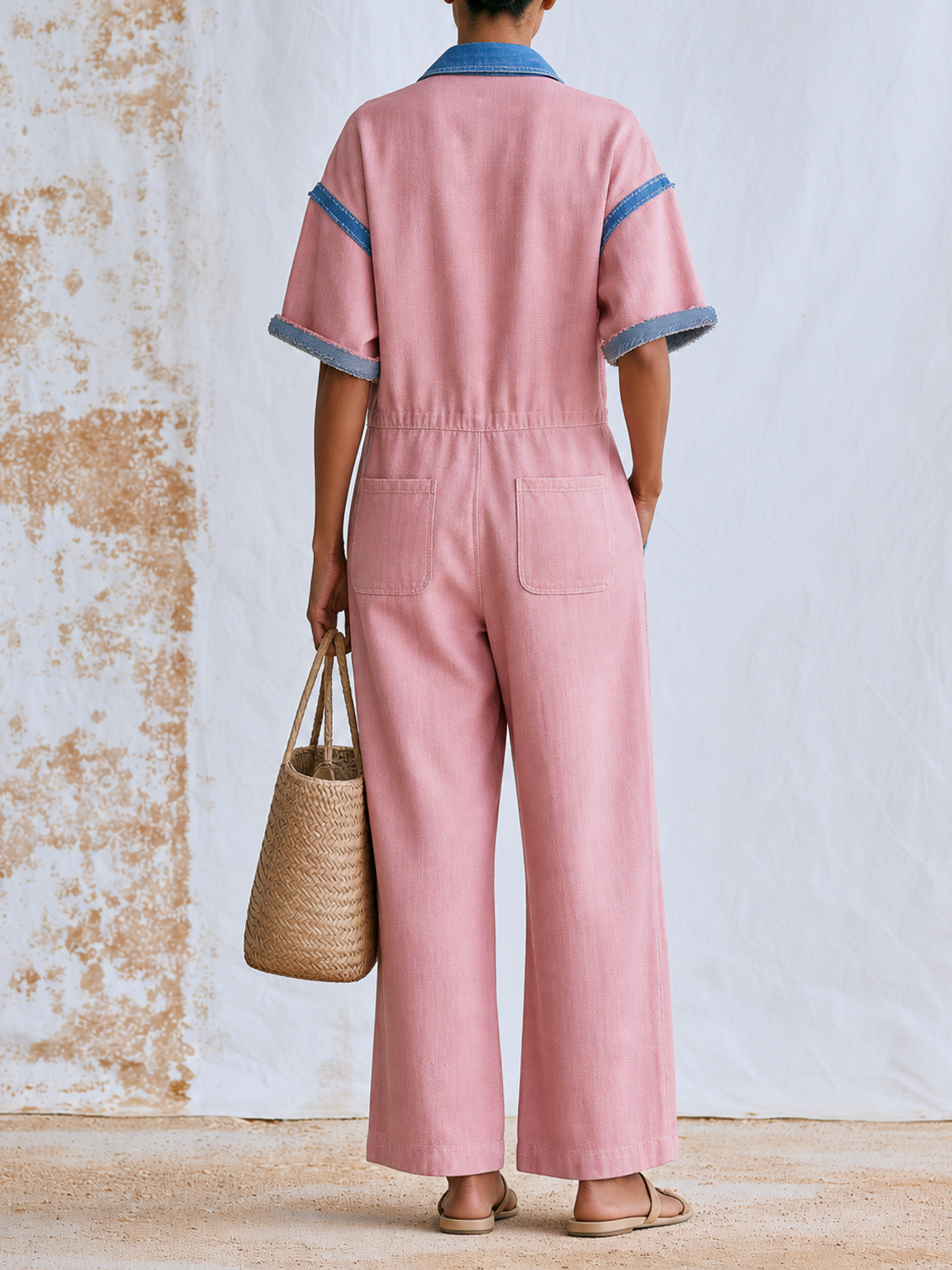 Pink Linen Cotton Color Block Short Sleeve Wide Leg Jumpsuit With Denim Contrast Trim