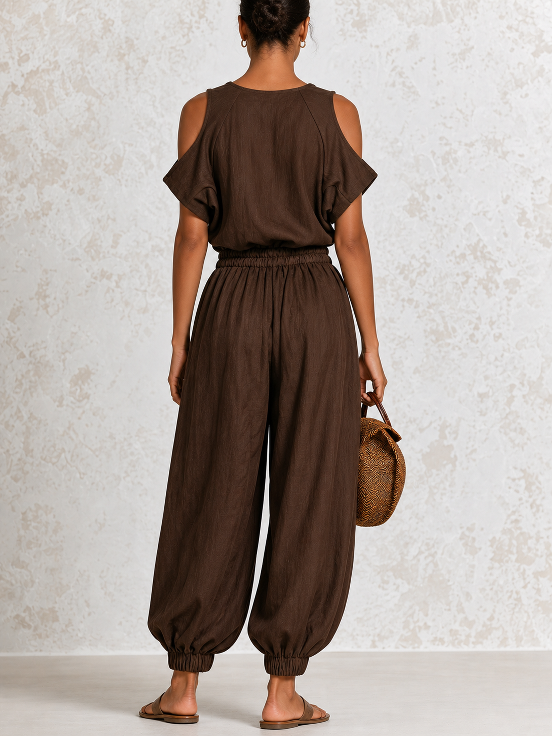 Dark Brown Linen-Cotton Cold Shoulder Drawstring Harem Jumpsuit