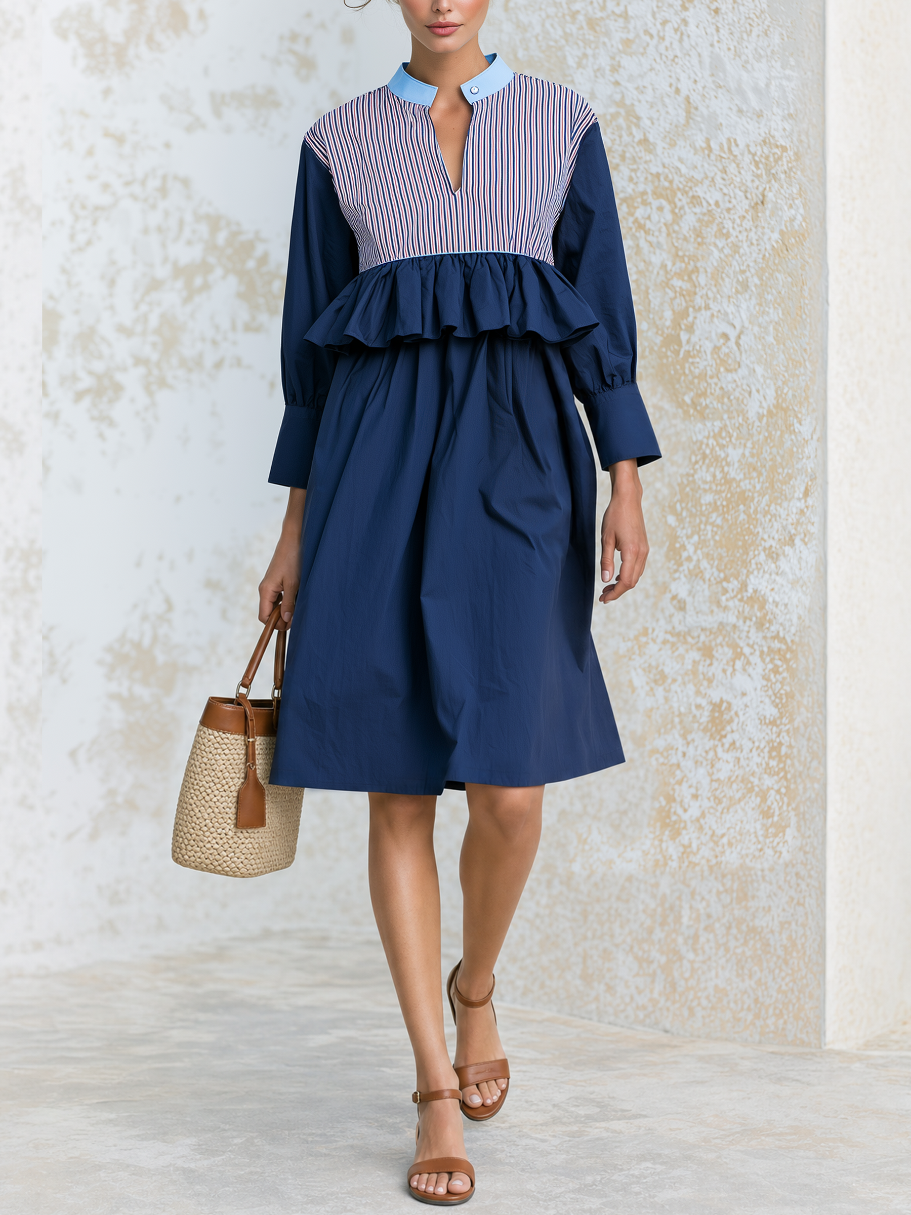 Color Block Striped Ruffle Waist Cotton Poplin Midi Resort Dress