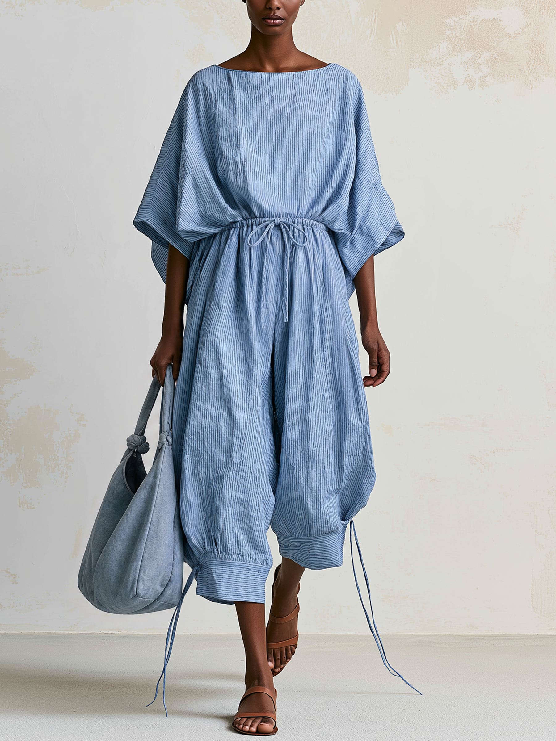 Blue Thin Stripe Drawstring Waist Linen Blend Wide Leg Jumpsuit