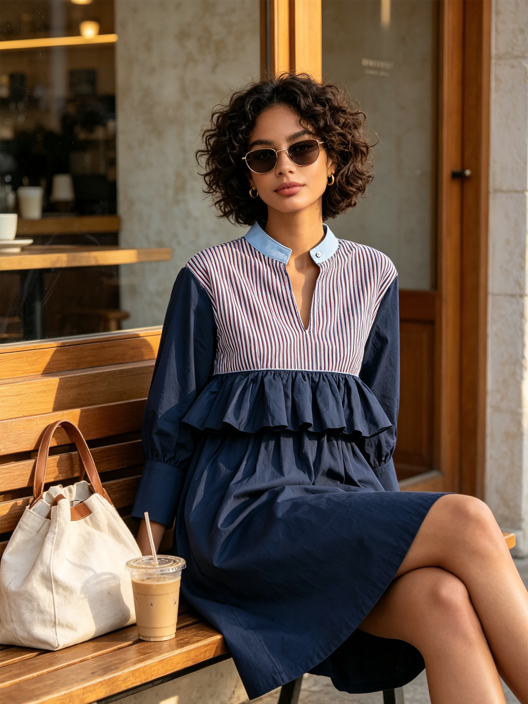 Color Block Striped Ruffle Waist Cotton Poplin Midi Resort Dress