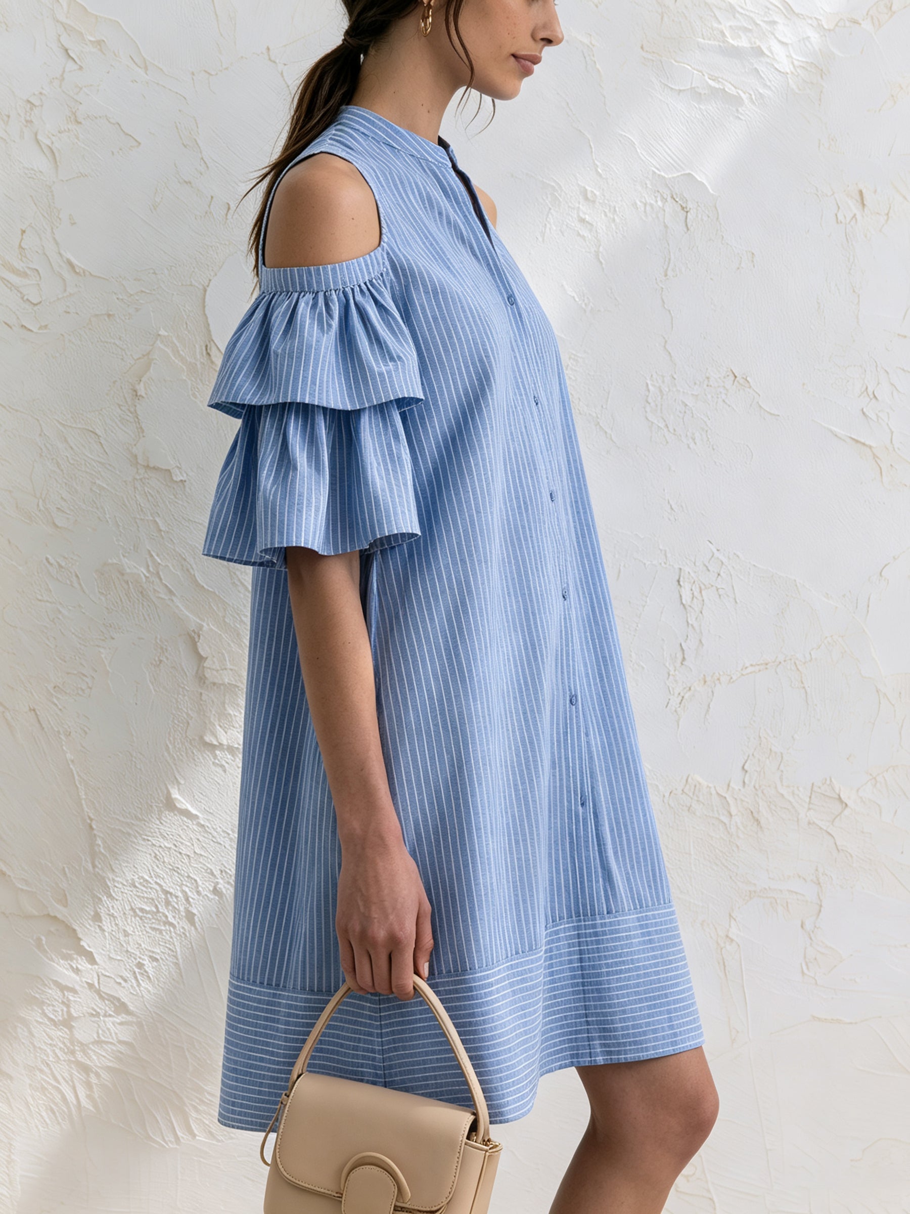 Sky Blue Striped Cold Shoulder Ruffle Sleeve Shirt Dress – Elegant Casual Summer Dress For Women