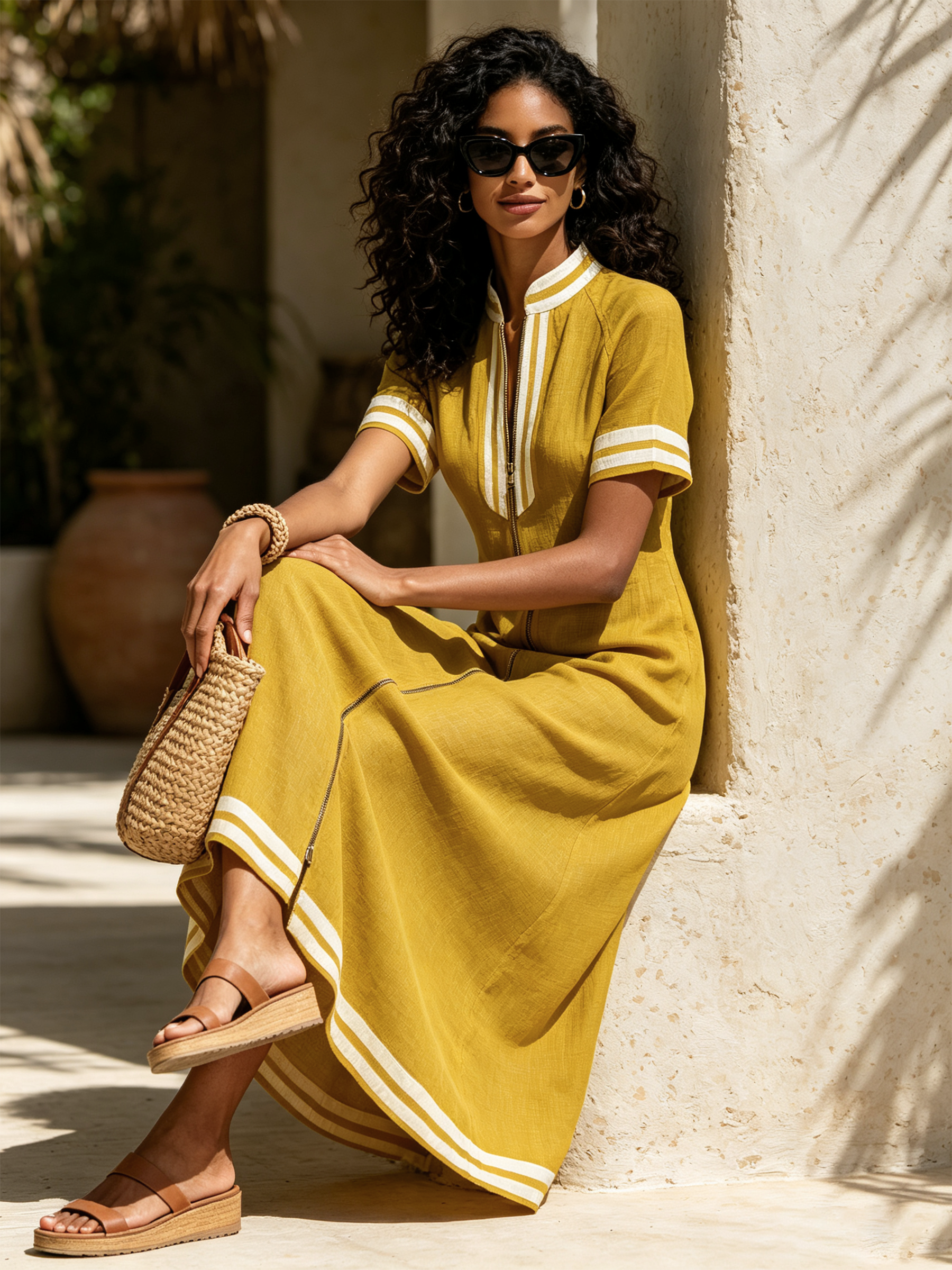Mustard Contrast White Stripe Zip Front Linen Midi Dress