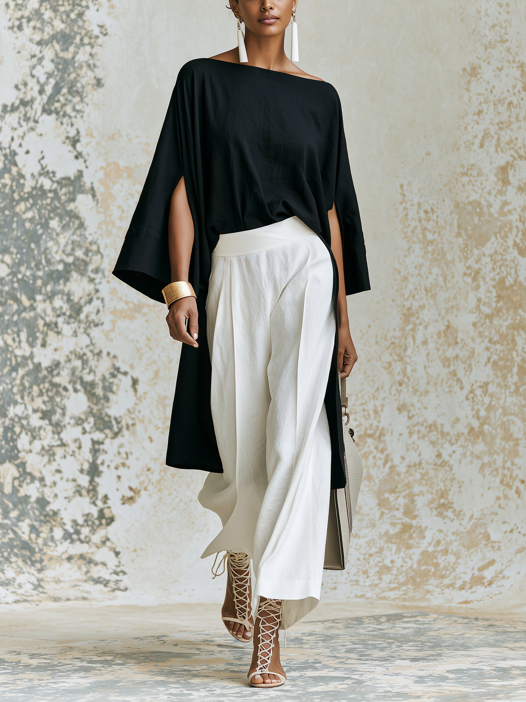 Elegant Black Asymmetric Kaftan Top & White Wide Leg Pants Set – Minimalist Luxury Two Piece Outfit