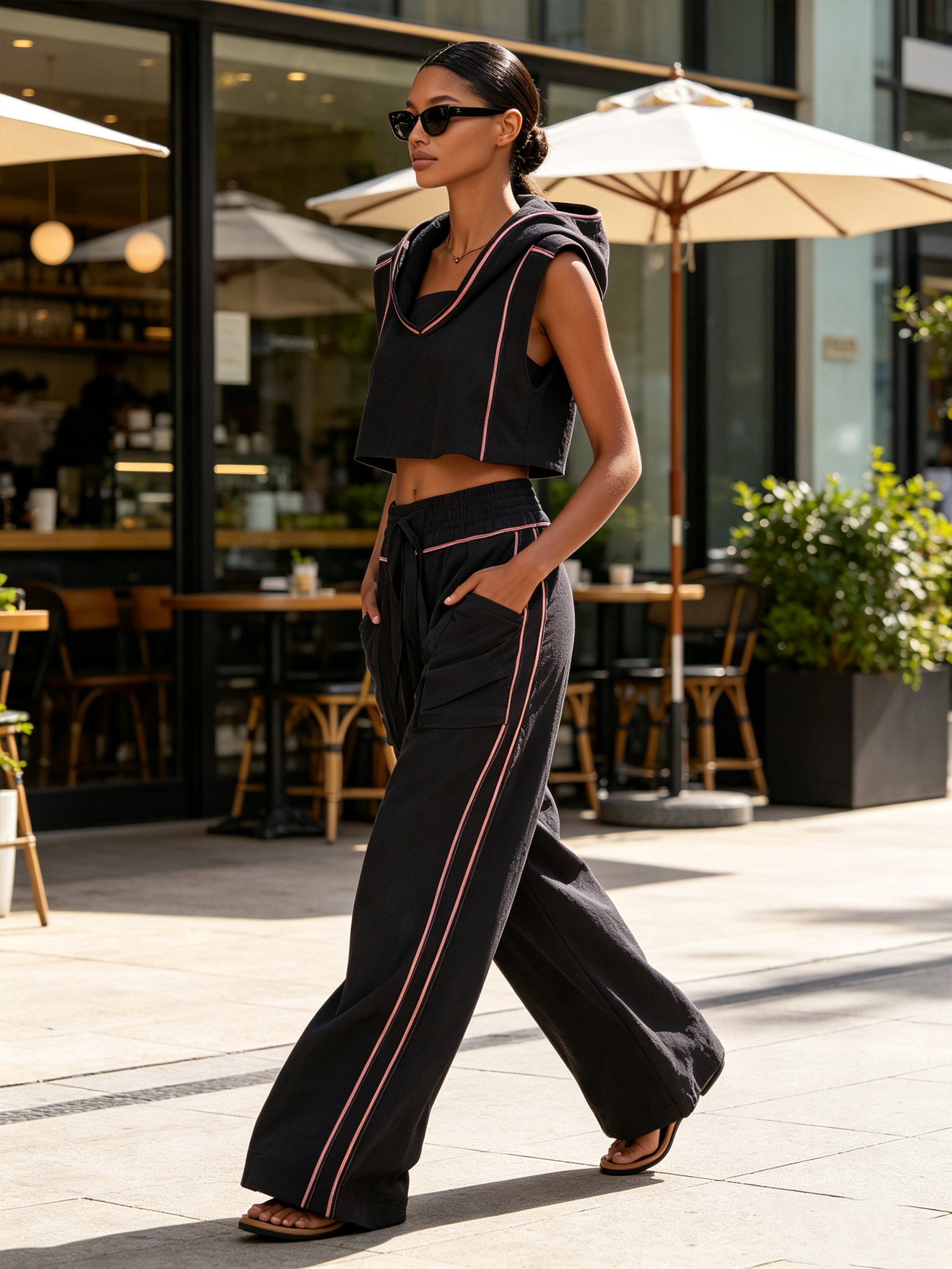 Sleeveless Hooded Crop Top & Wide Leg Cargo Pants Linen Blend Two Piece Outfit, Contrast Pink Stitch Casual Lounge Set