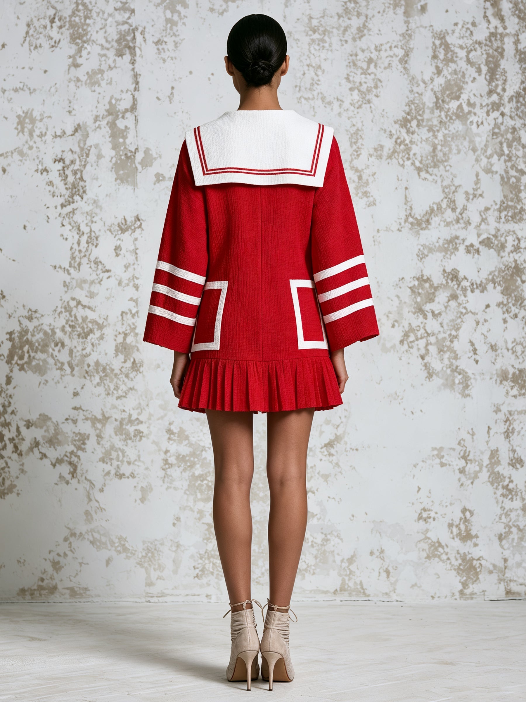 Red Sailor Collar Mini Dress – Elegant Nautical Inspired Ruffle Hem A-Line Dress