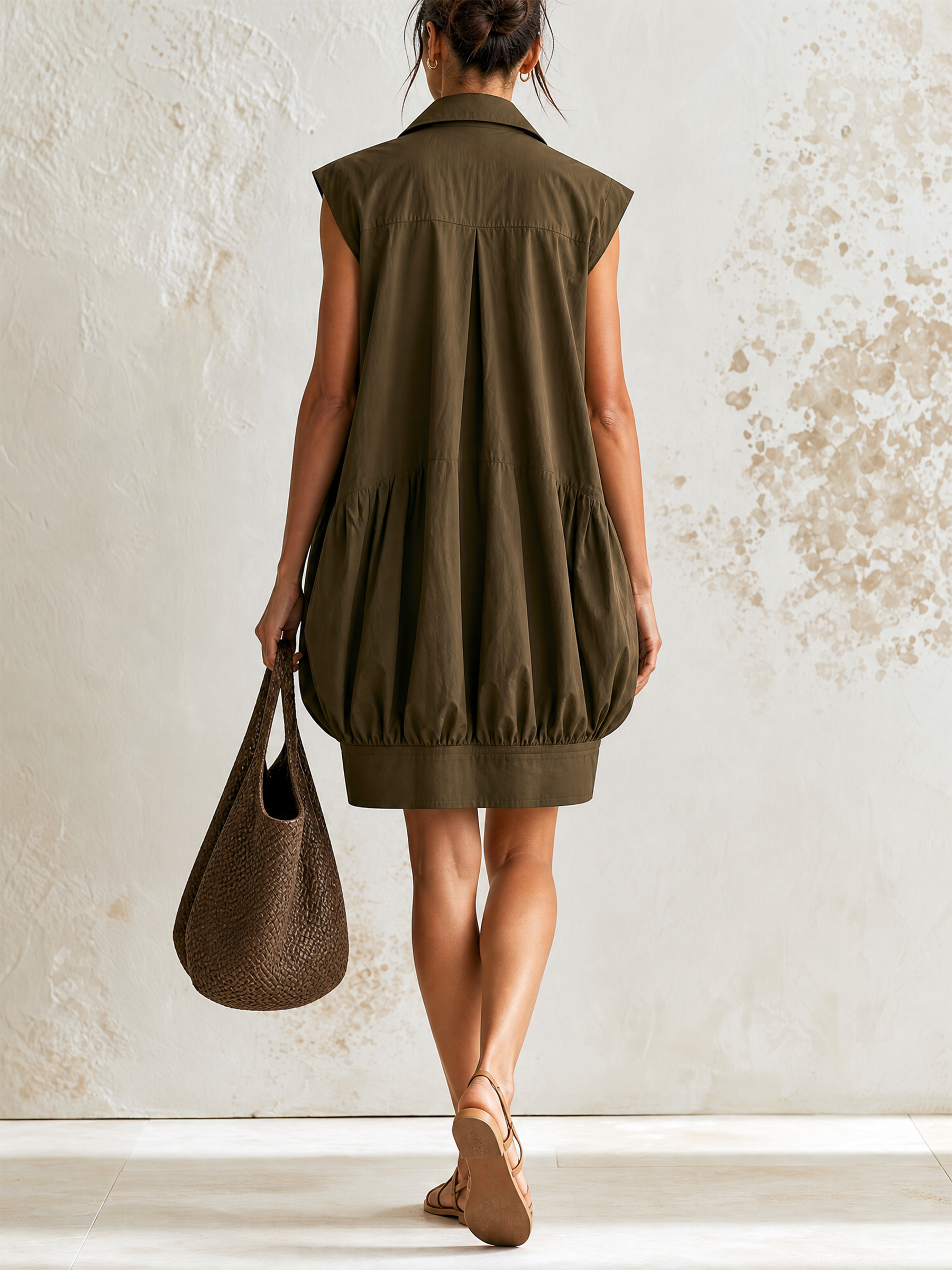 Olive Sleeveless Bubble Hem Cotton Shirt Mini Dress