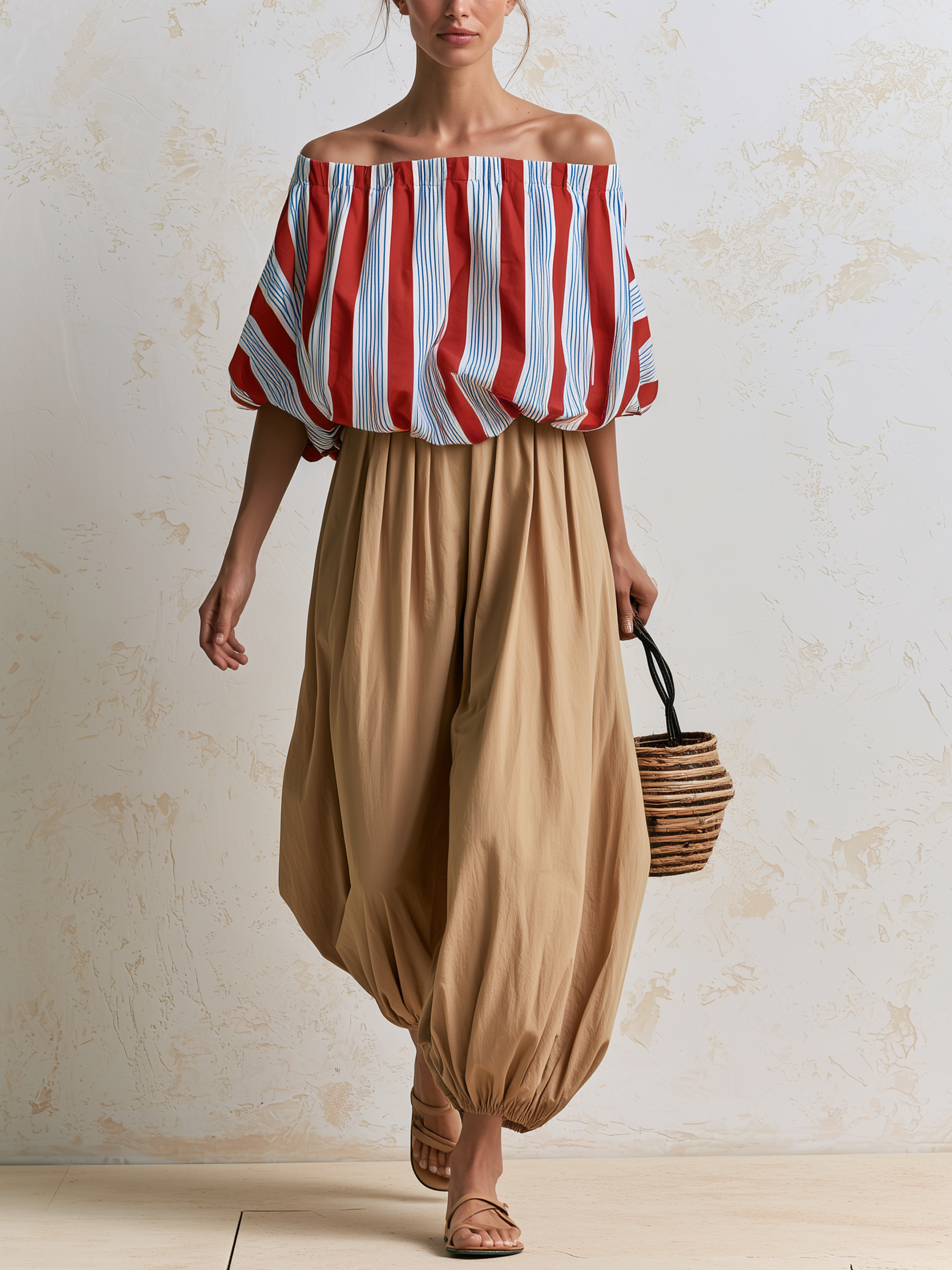 Red Blue Stripe Off Shoulder Bubble Top & Khaki Balloon Ankle Pants Two-Piece Set