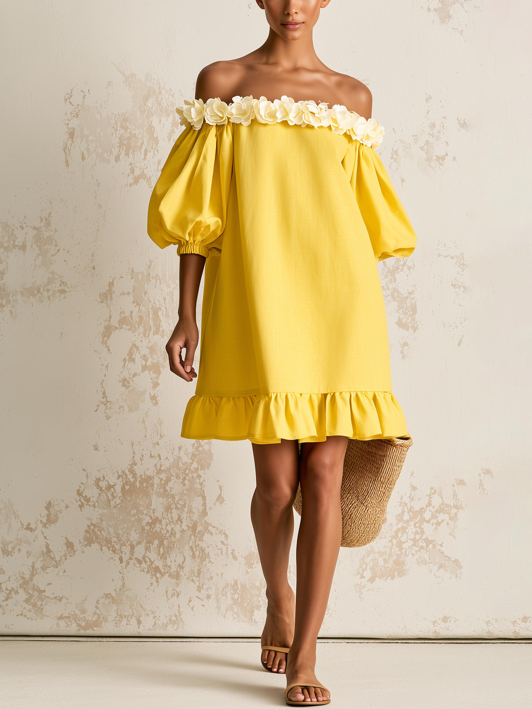 Bright Yellow Off-The-Shoulder Puff Sleeve Mini Dress With 3D Floral Trim & Ruffle Hem