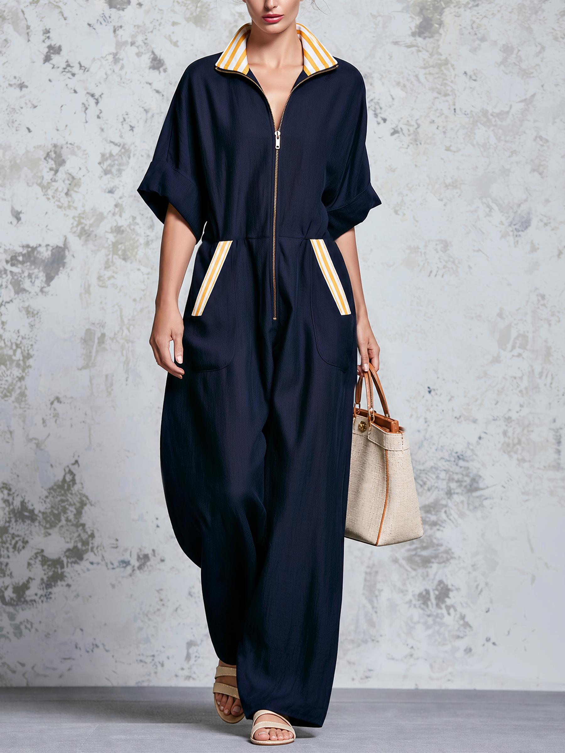 Navy Stripe Trim Zip Front Wide Leg Linen Blend Jumpsuit