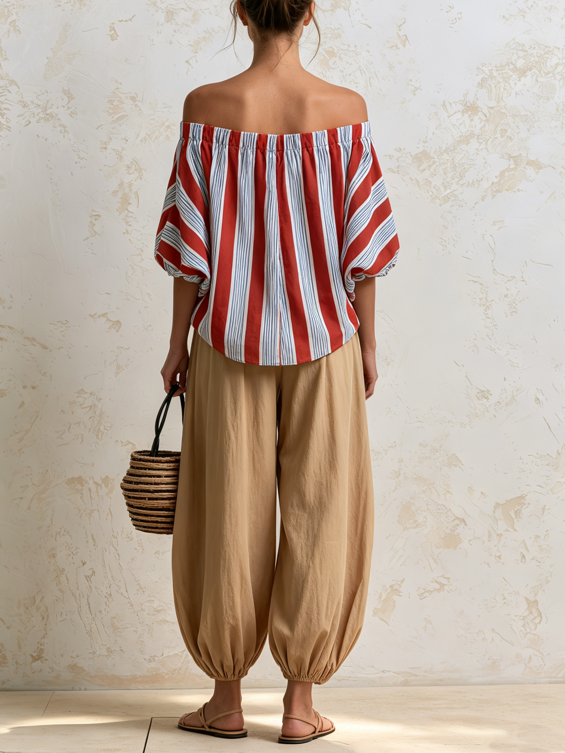 Red Blue Stripe Off Shoulder Bubble Top & Khaki Balloon Ankle Pants Two-Piece Set