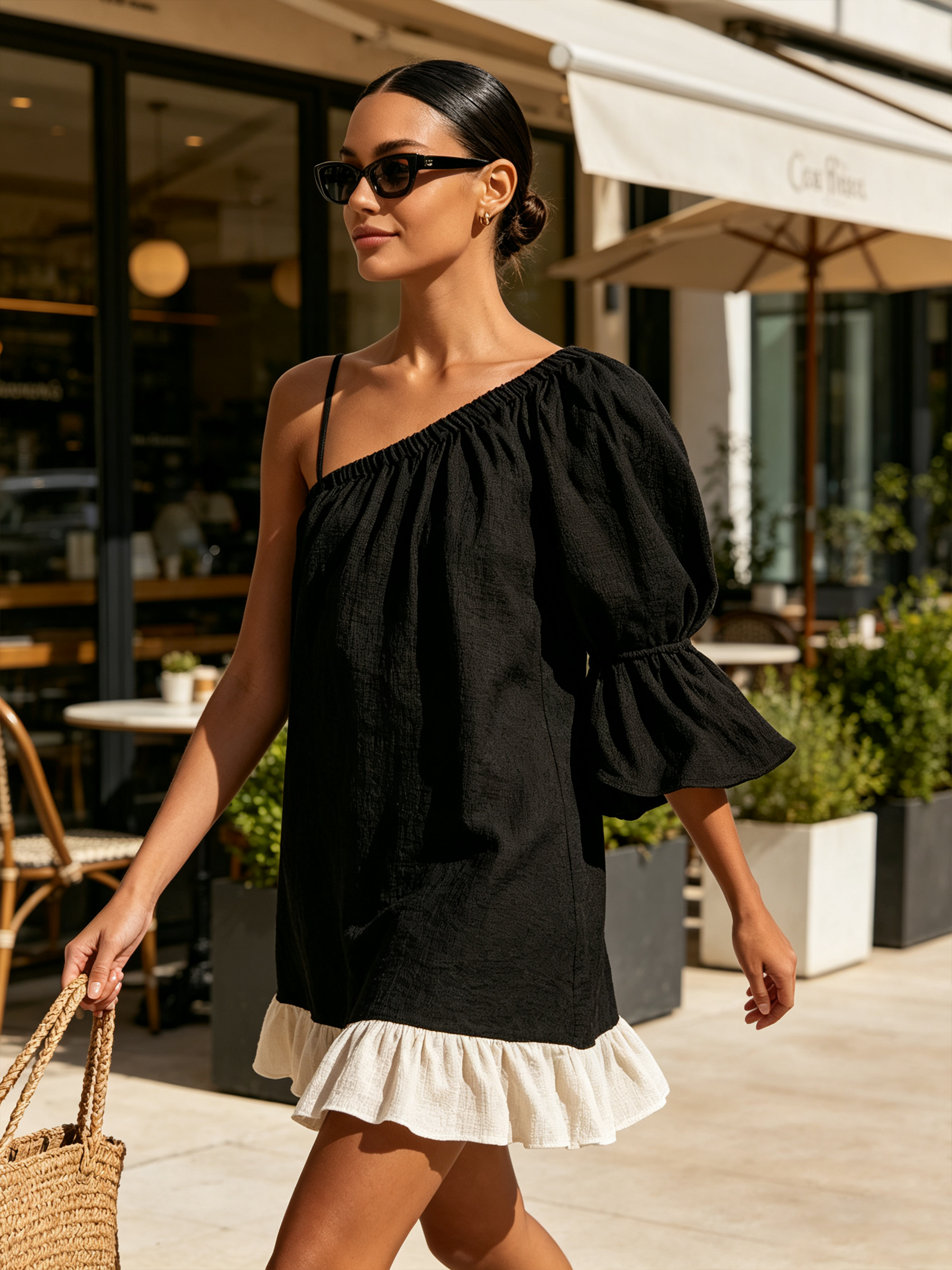 Single Thin Strap One Shoulder Puff Sleeve Linen Mini Dress With Contrast White Ruffle Hem